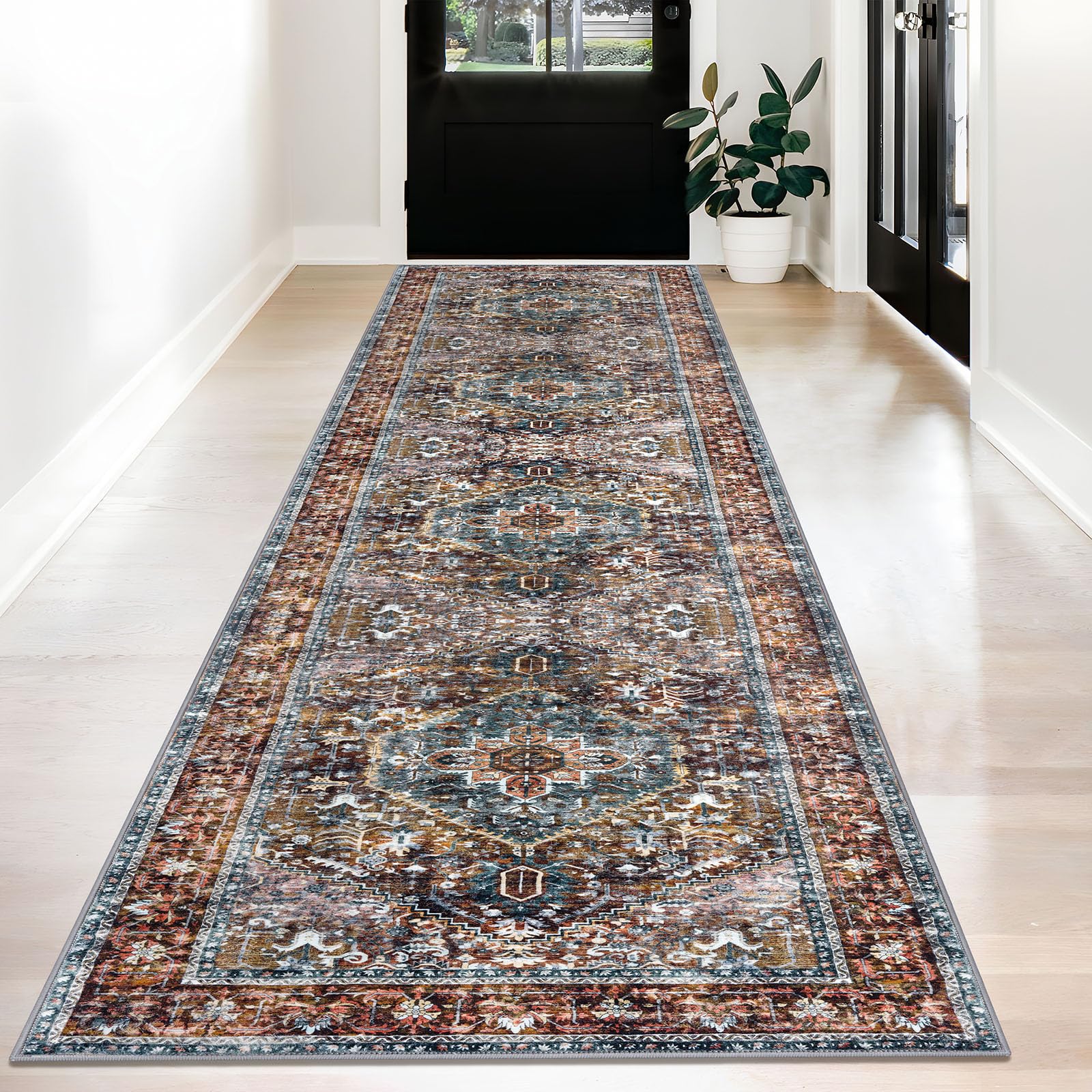 KOZYFLY Area Rug 3x12 Ft Washable Boho Runner Rug for Entryway Hallway Indoor Printed Faux Wool Carpet for Bedroom Kitchen Hall, Brick Red/Orange/Green โ image 1