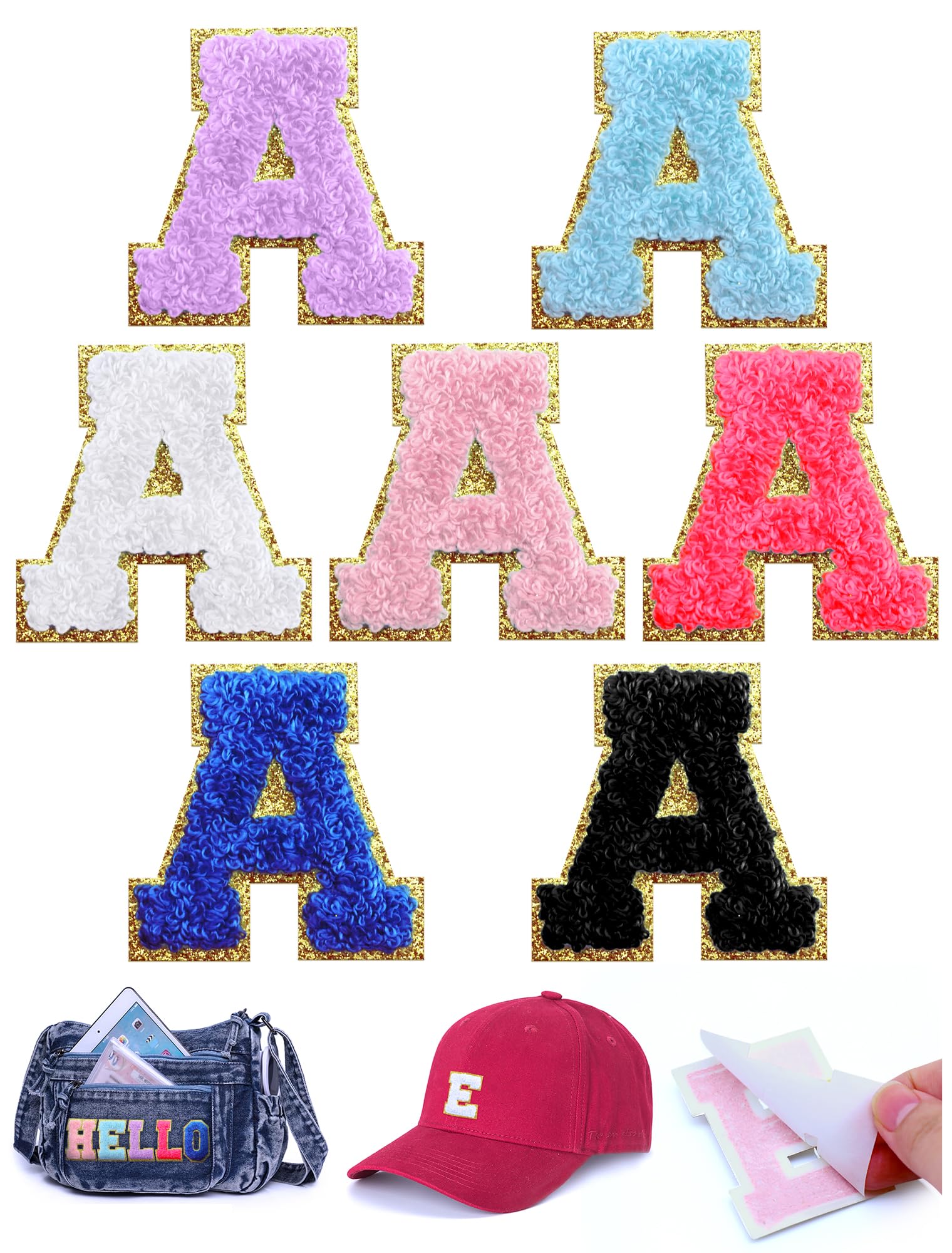 WNSIRVY 7 Pcs Chenille Letter Patches Self Adhesive Iron On Patches for Backpacks, 2.17 Inch Glitter Letter Stickers Preppy Varsity Chenille Patches