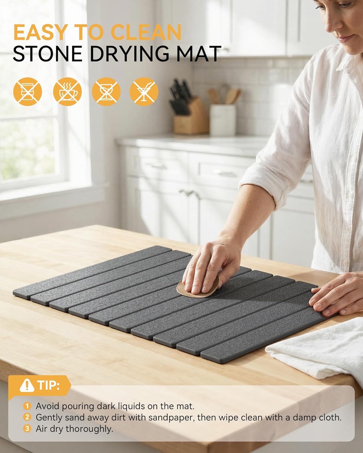 Yofidra Large Stone Dish Drying Mat for Kitchen Counter, Quick Dry Stone Mats with Absorbent Diatomaceous Earth, Foldable Roll Up Drying Organizer Pad for Utensils Plate, 24"×16", Dark Gray