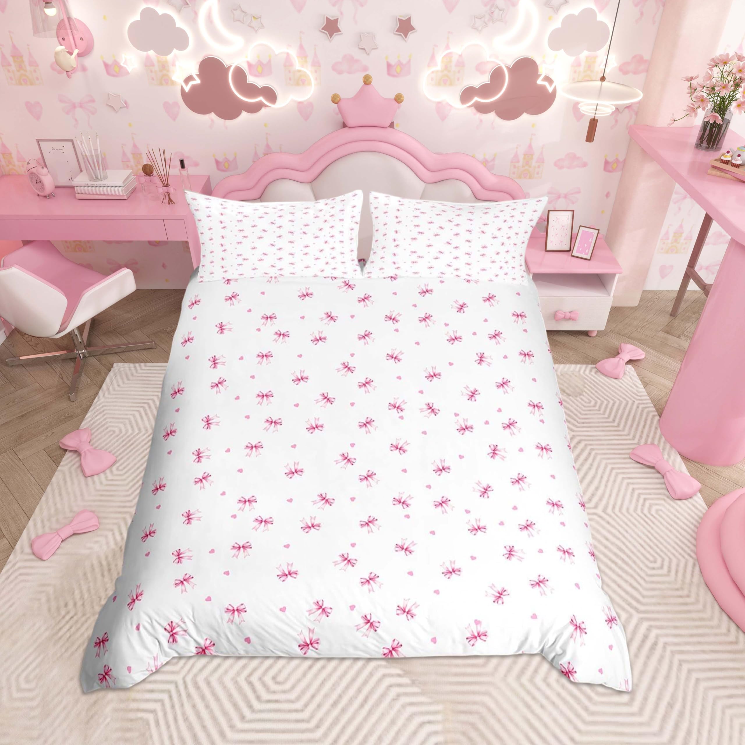 Homemissing Pink Bow Duvet Cover Set Super King Size For Kids Boys Girls Teens Cute Coquette Bowknot Bedding Set Love Heart Duvet Cover with 2 Pillowcases — image 1