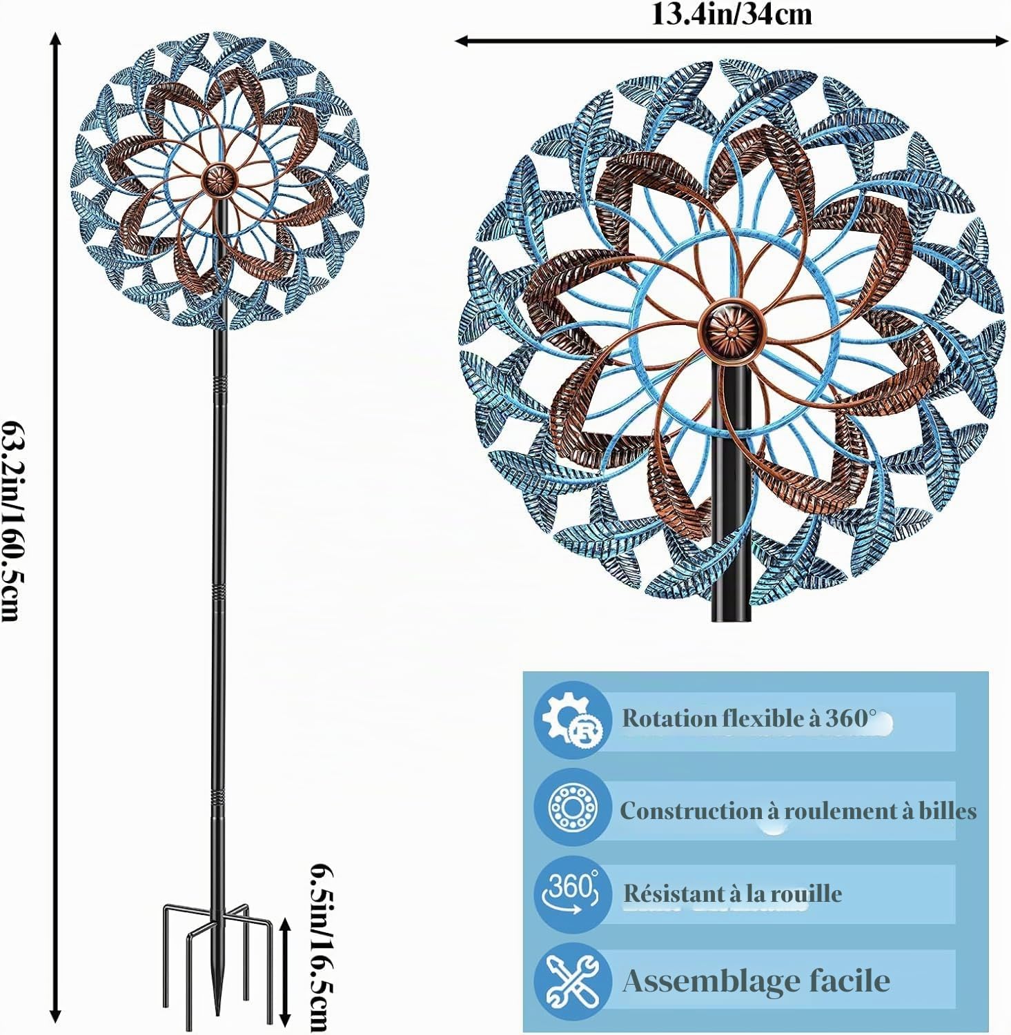 Moulin à Vent Solaire, Sculptures cinétiques à Vent à Lame Double Direction pour l'extérieur, Moulin à Vent Cinétique Éoliennes décoratives pour terrasse pelouse et Jardin (Bleu Brun)