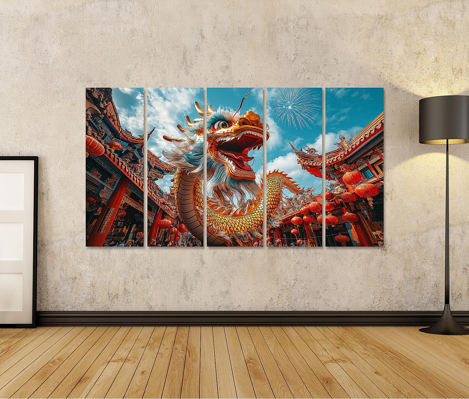 islandburner Quadro su tela con drago di leone nel tempio con fuochi d'artificio atmosfera festival, poster