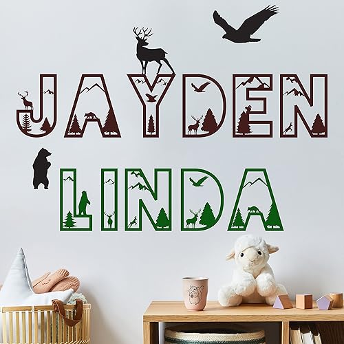 Calcomanías de pared personalizadas con nombre para dormitorio de niños y niñas, árboles del bosque, animales, montañas, calcomanías de vinilo de
