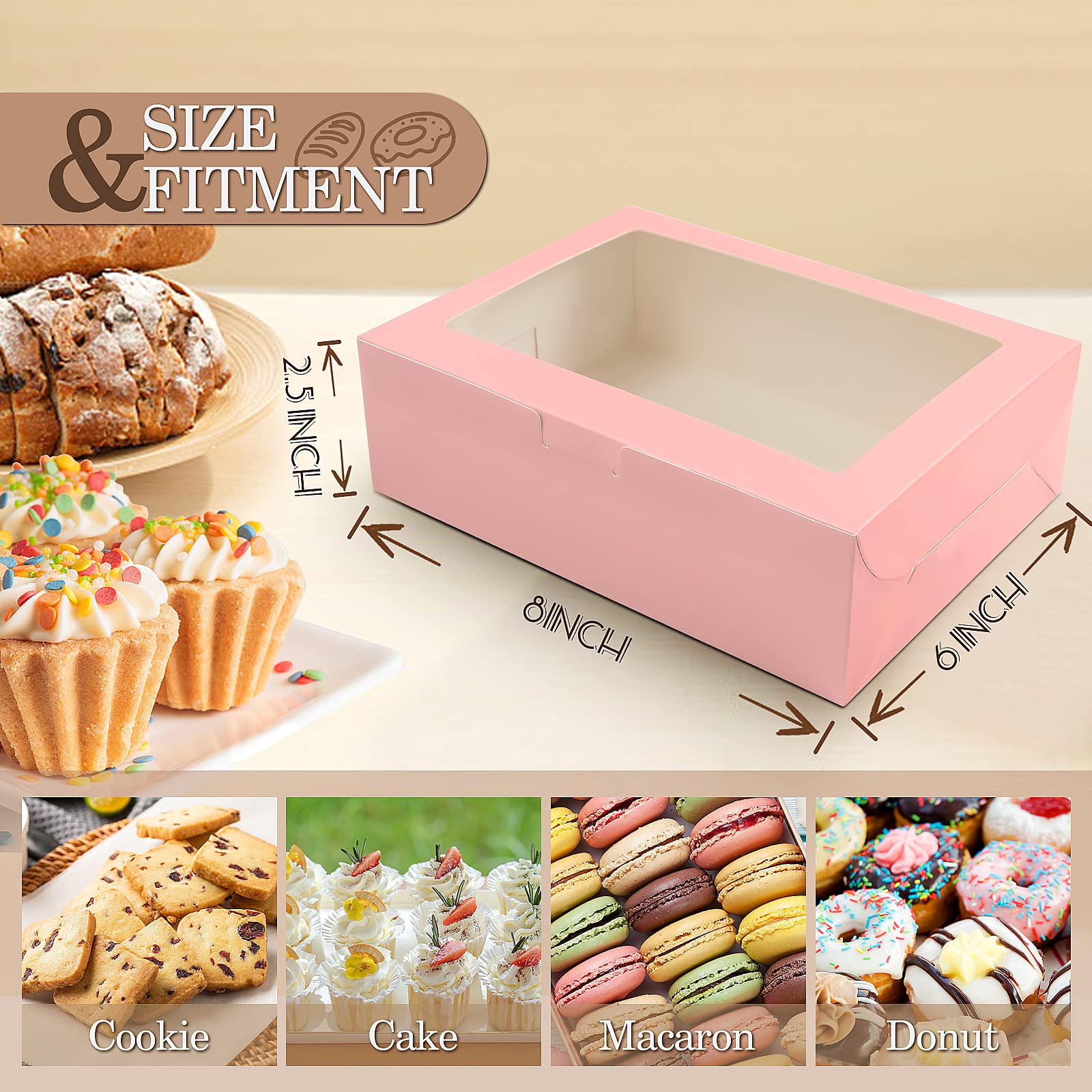 KPOSIYA 65 cajas de galletas de 8 x 6 x 2.5 pulgadas con ventana, cajas de panadería rosas para regalo, golosinas, postres, cupcakes, chocolate, fresas, donas, magdalenas (5 ventanas de estilo)