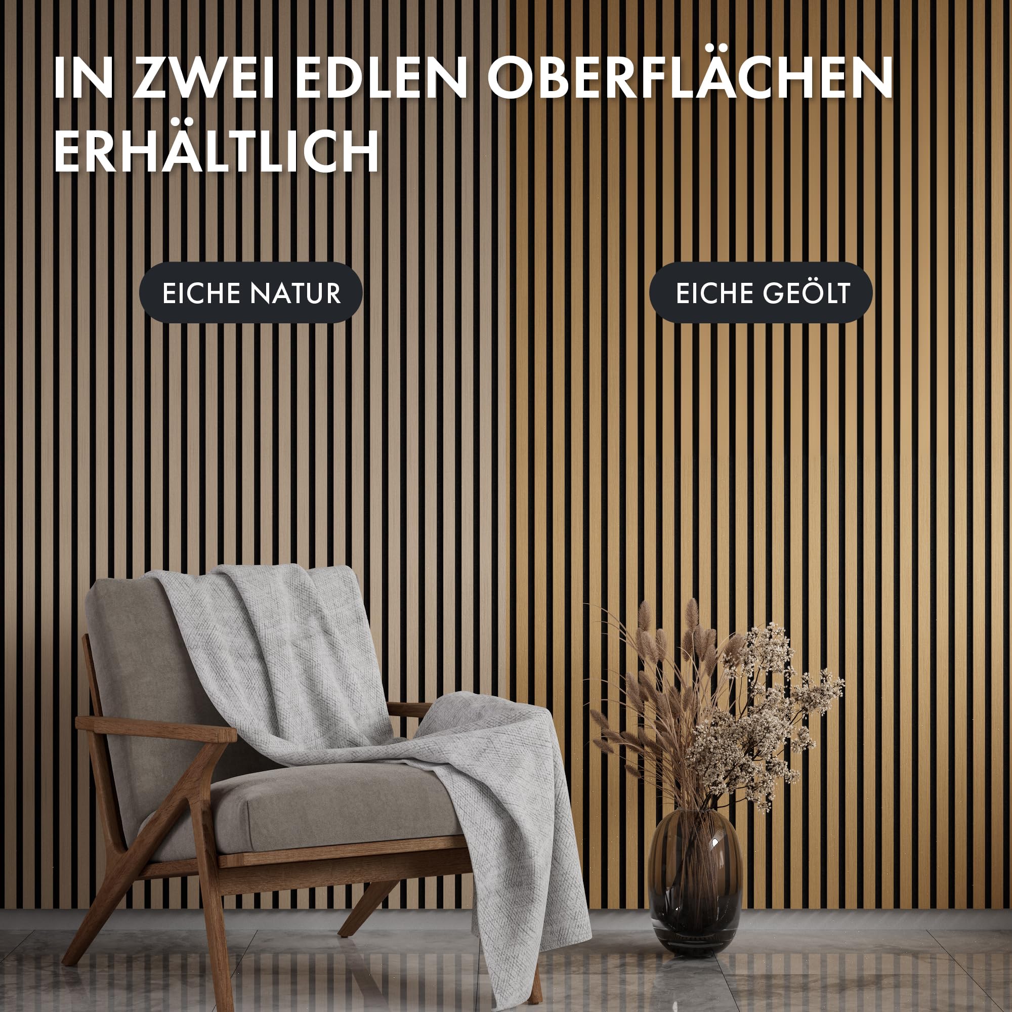 Momento Akustikpaneele Holz 240x50 cm - Made in Germany - Eiche Geölt Dekor - Wandverkleidung Wandpaneele Holz Eiche als 3D Lamellenwand für effektiven Schallschutz - Akustik Holzpaneele Wand