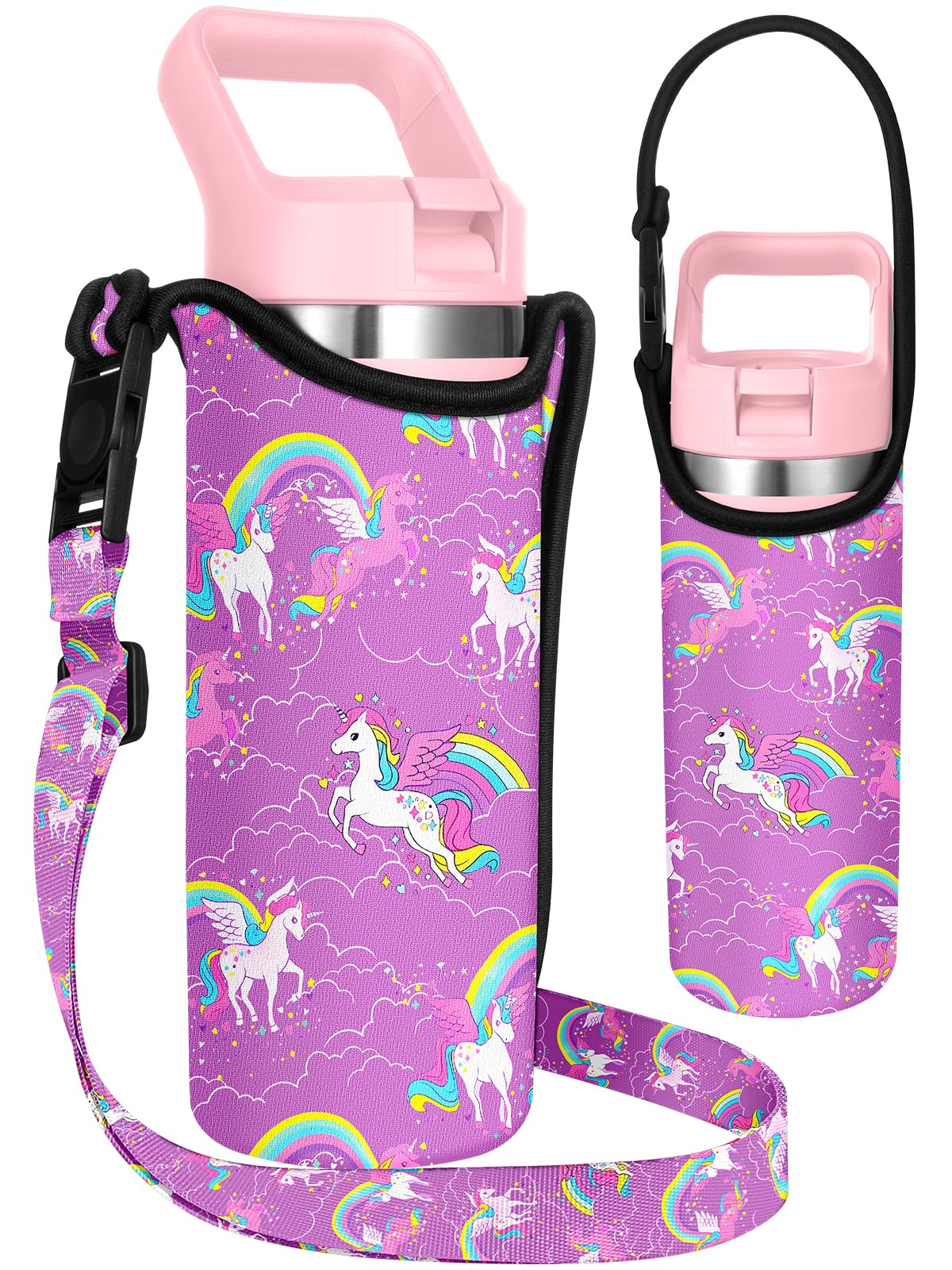 Miss Adola Water Bottle Carrier with Strap - Handheld Kids Water Bottle Holder for 14-20 oz Cute Cartoon Design Neroprene Crossbody Bottle Sling Bag for Boys Girls for Insulated Drink Bottle, Unicorn