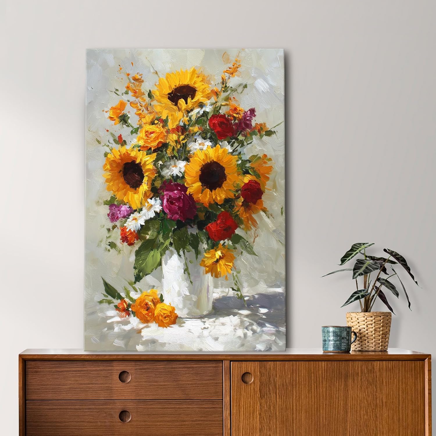 llribbons Sunflowers Canvas Wall Art Flowers Bouquet Painting Pictures Wilflowers Prints Modern Artwork for Living Room Bedroom Bathroom Office Home Wall Decor Framed Ready to Hang 12" x 18"