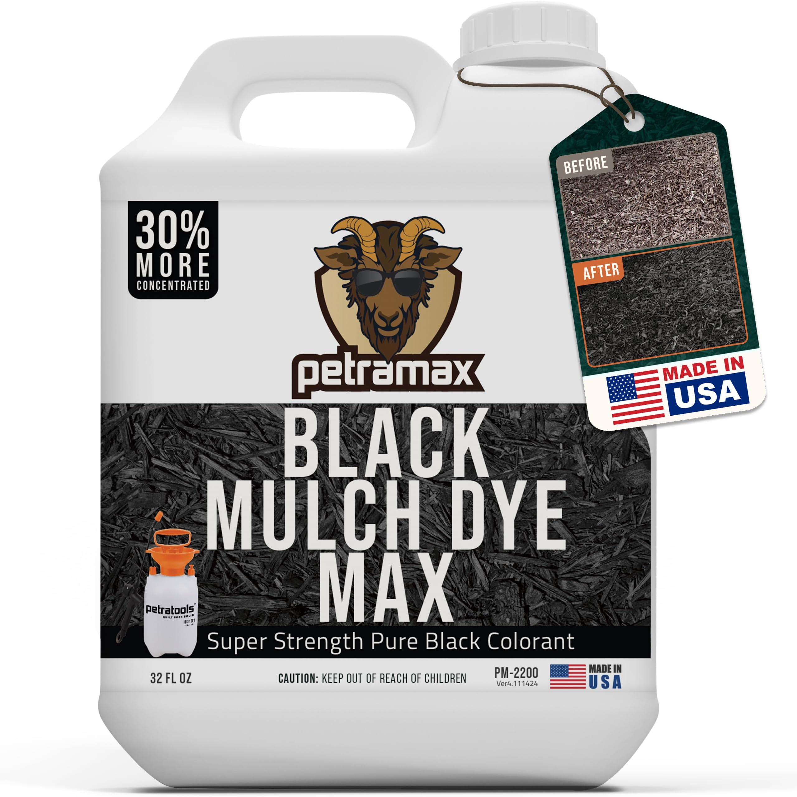 Petra Black Mulch Dye Spray Use with PetraTools Sprayer to Refresh Fading Landscape - Black Dye to Wood Mulch for Landscaping - Rubber, Pine Straw, Bark, Cedar & Playground Cover (3,600 Sq Ft, 32 Oz)