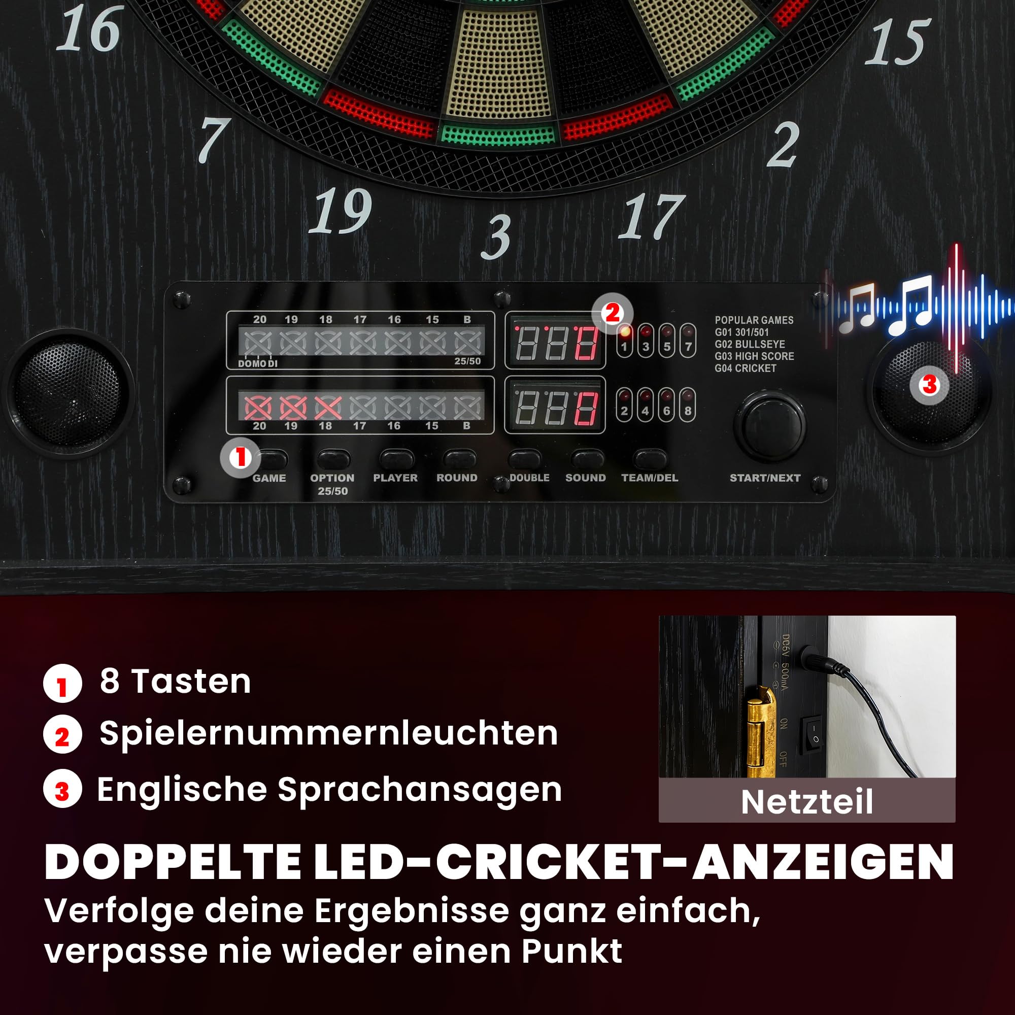 SPORTNOW Cible de fléchettes électronique E avec armoire, affichage LED, annonces vocales, 6 fléchettes souples, 25 jeux