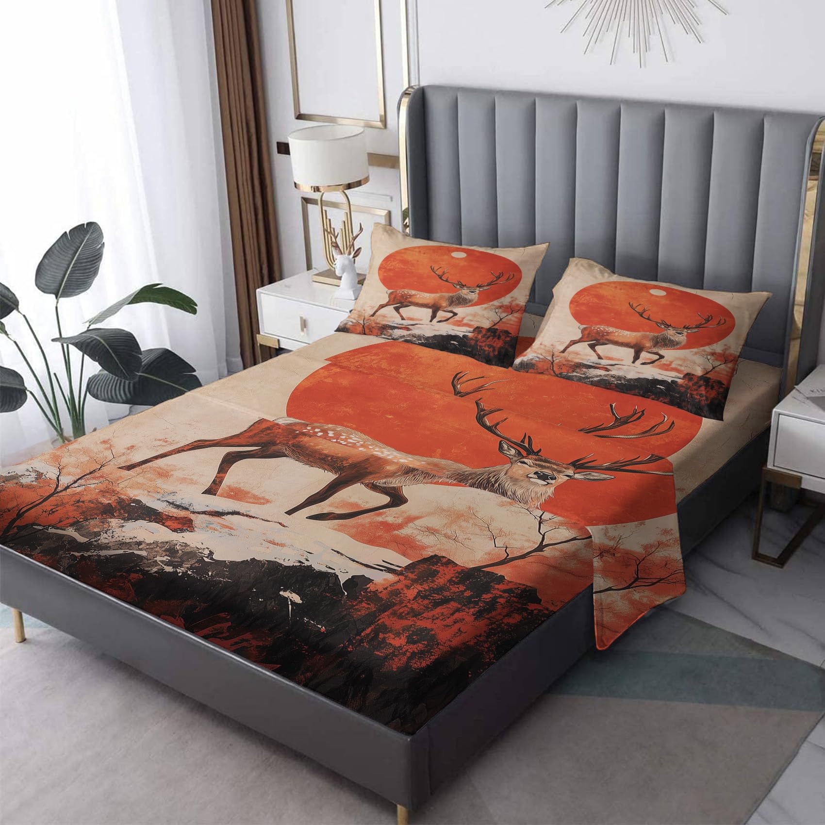 Zvynqour Deer Bed Sheets Queen Size - Wild Animal Sheet Set - Deep Pocket Fitted Sheets & Flat Sheet & Pillowcases 4 Piece - Wildlife Bedding & Decor - Soft Brushed Microfibe