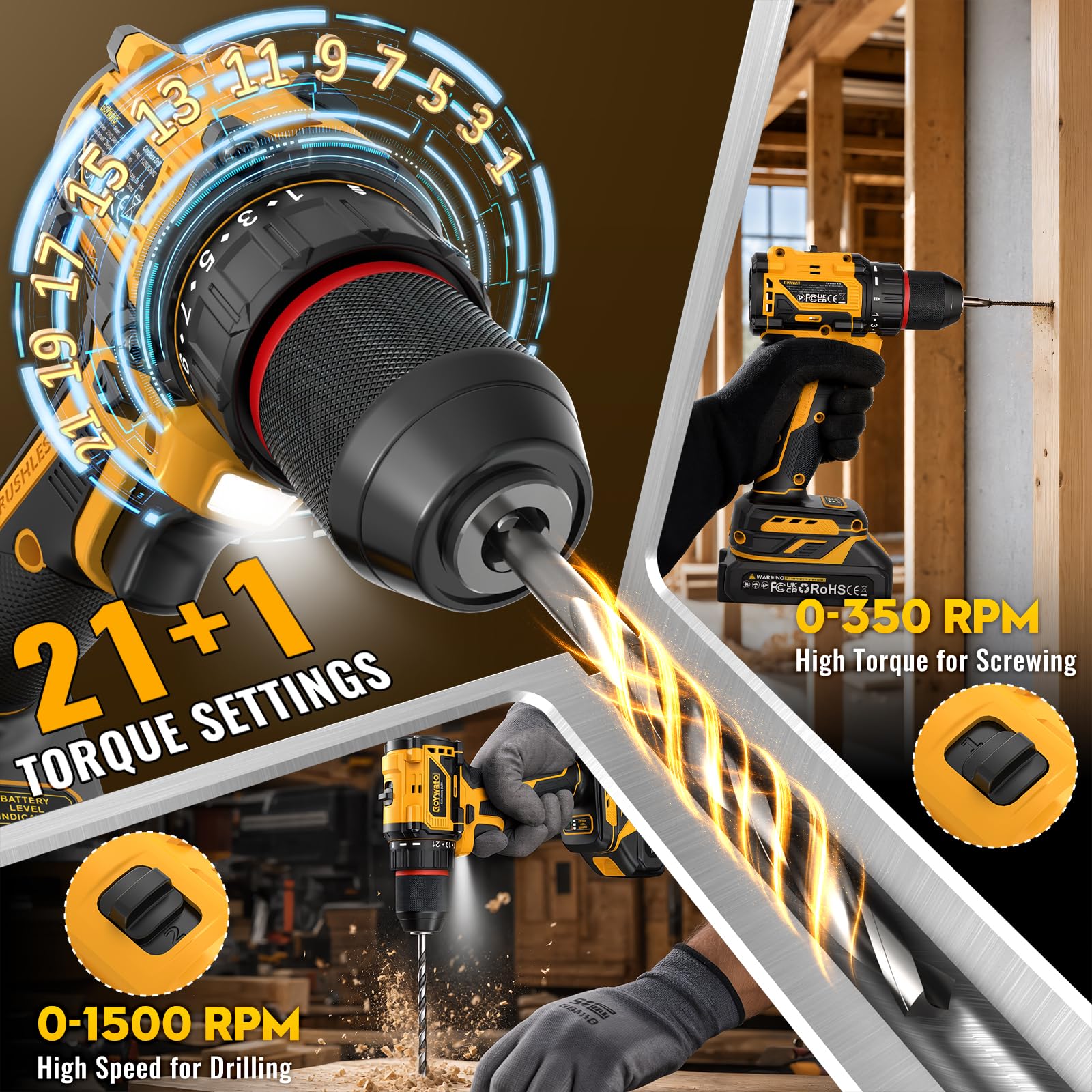 Trapano Avvitatore a Batteria 3/8" 60Nm & Avvitatore a Impulsi 1/4" 300Nm | Combo Trapano Avvitatore a Percussione con 2 Batterie da 2,0 Ah, Caricabatterie Rapido, Set Accessori da 30 Pezzi, uce LED