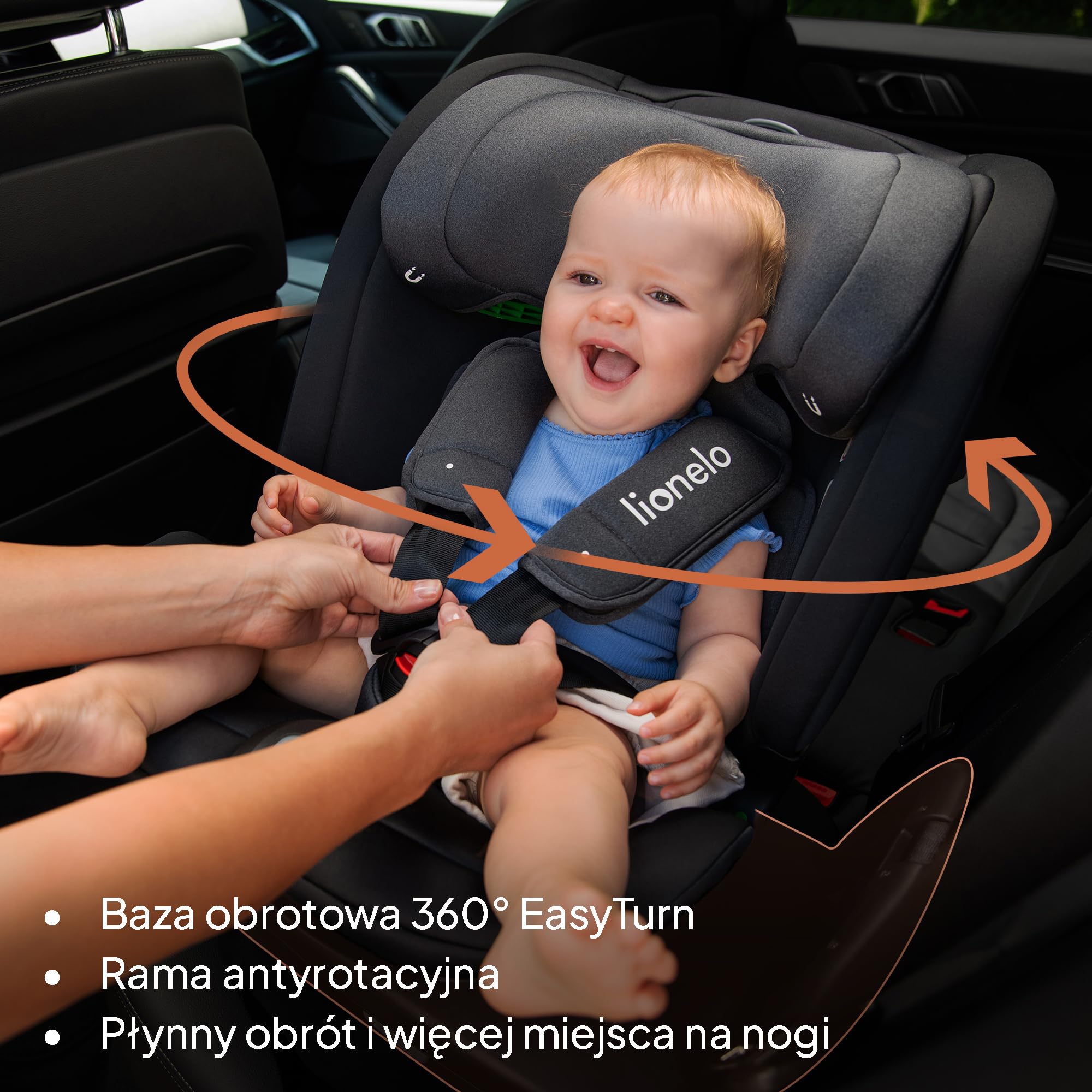 LIONELO Bastiaan RWF I-size Fotelik Samochodowy Obrotowy 360o dla Dzieci 0-36kg, Montaż Przodem i Tyłem (18 kg), ISOFIX Pas TopTether, Regulacja Zagłówka Pasów i Oparcia Ochrona Boczna Czarny