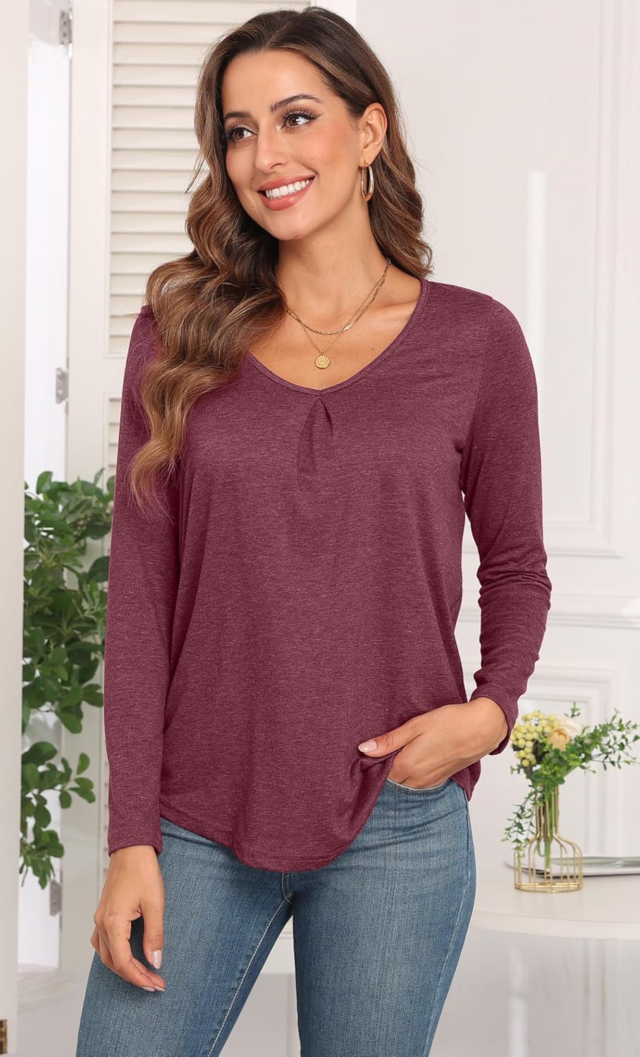 Long Sleeve Shirts for Women Casual V-Neck Pleated Fall T-Shirts Loose Fit Tunic Tops Blouses - Image 3