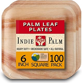 Indie Palm Disposable Palm Leaf Plates – 100 Pack 6 Inch Square – Heavy Duty, 100% Compostable & Biodegradable – Eco-Friendly Alternative to Plastic & Bamboo – Perfect for Parties & Events