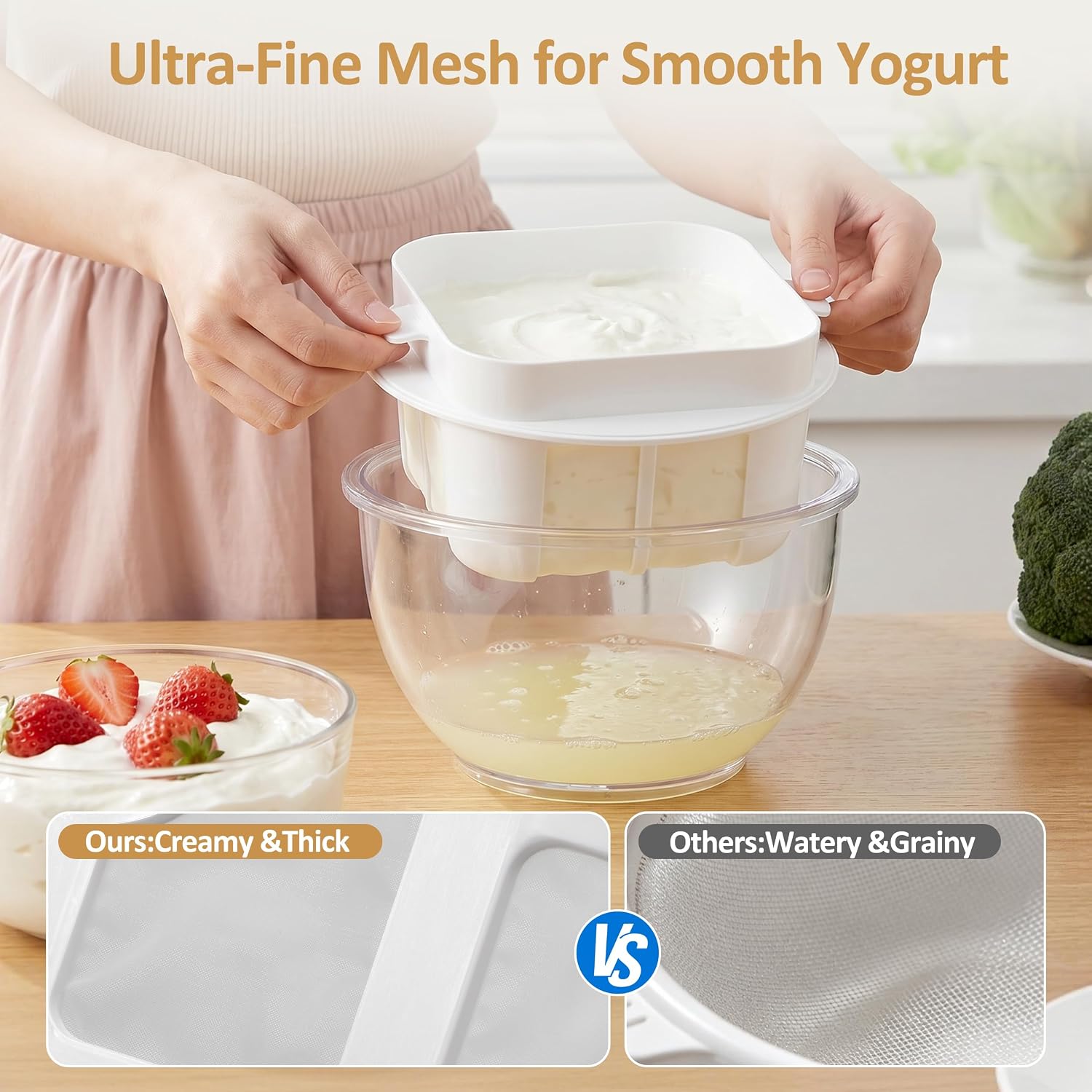 Greek Yogurt Strainer with Lid, Ultra-Fine Mesh Yogurt Filter for Homemade Greek Yogurt, Whey Separator Container with Pressure Press, BPA-Free Yogurt Maker for Thick Creamy Yogurt