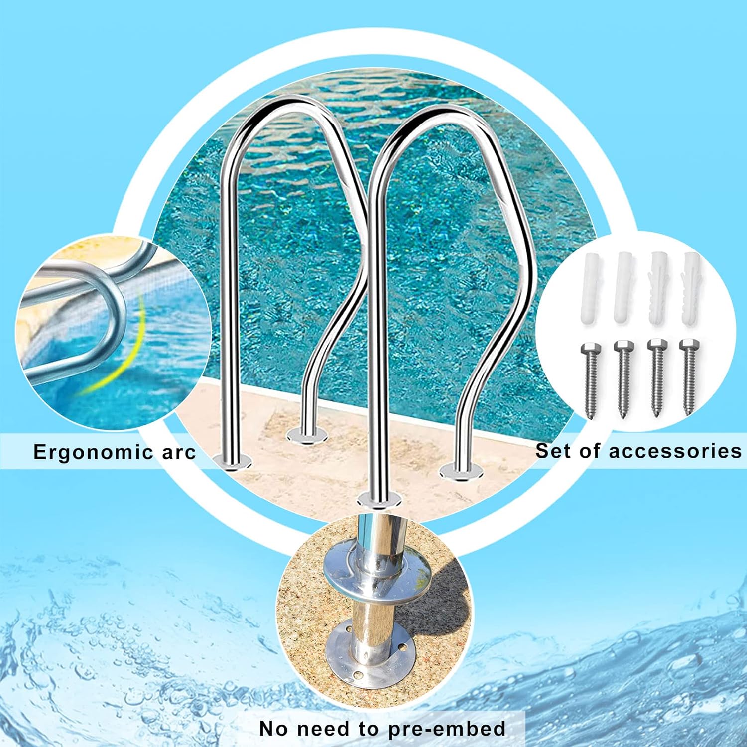 1 Pack Pool Safety Handrails Pool Railing Swimming Pool Hand Rail Quick Mounted 304 Stainless Steel Pool Stair Rail