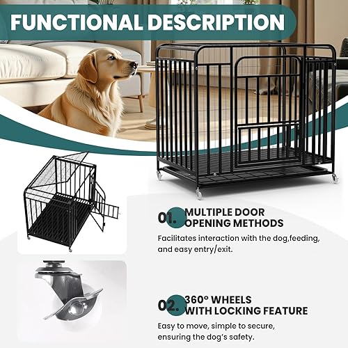Miniatura 5 de 43.3 Inch Escape Proof Dog Cage for Medium Dogs, Heavy Duty Three-Door Dog Crate with Lockable Wheels and Removable Tray (43.3x29.5x35.4 in)