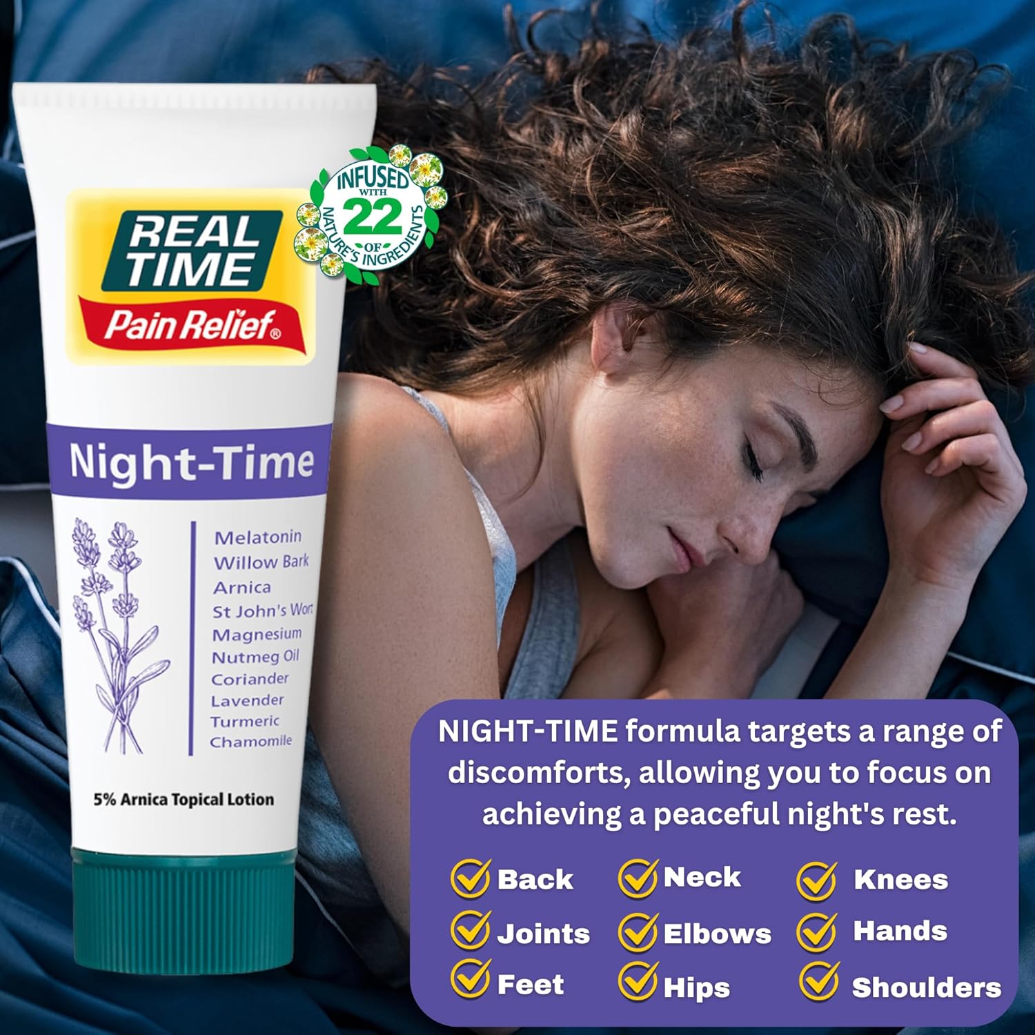 Real Time Pain Relief Night-Time Cream - 3oz Tube | Sleep Aid with 21 Natural Ingredients | Relieves Joint and Muscle Discomfort for More Restful Sleep | Includes Melatonin, Lavender, Magnesium