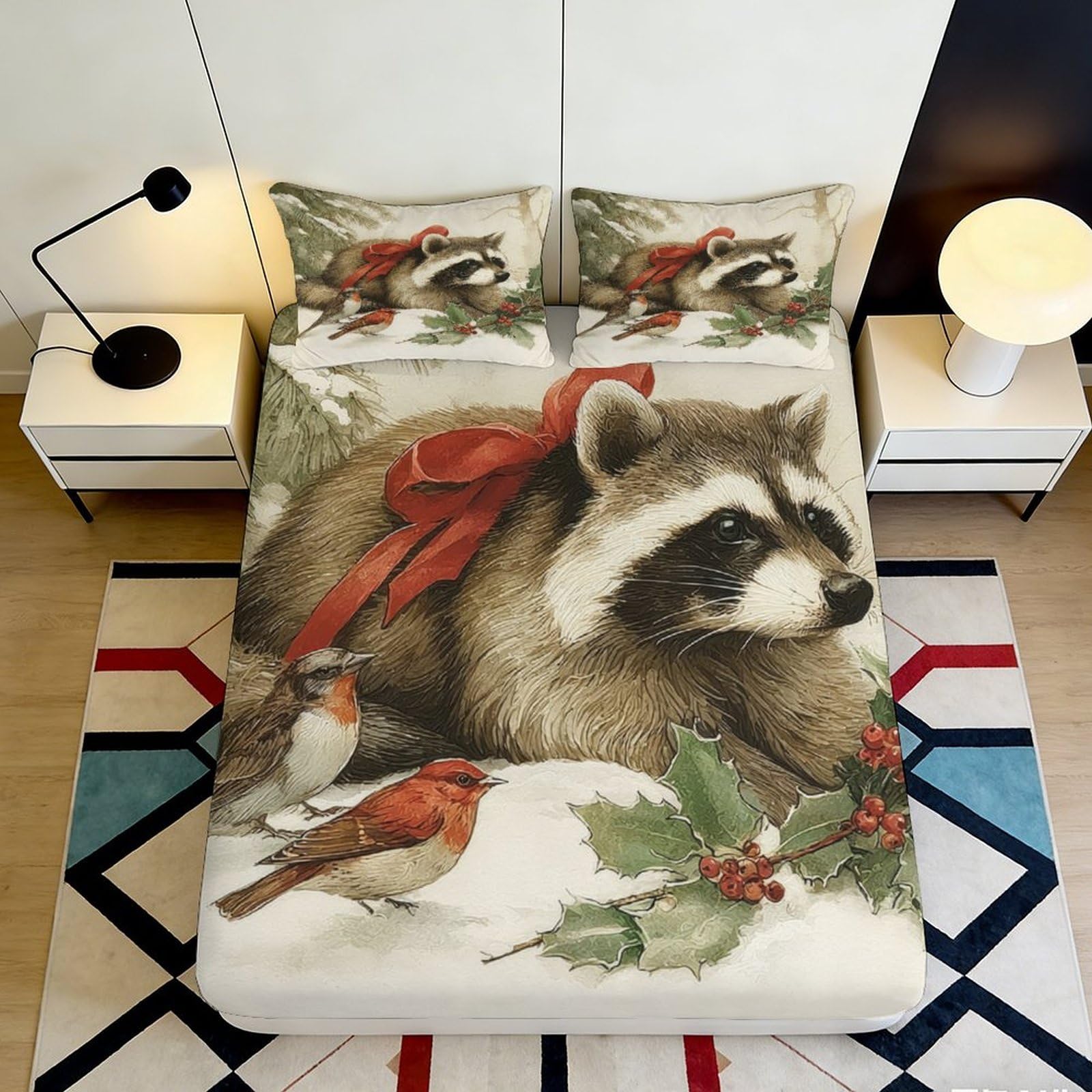 3D Printed Raccoon Bow Fitted Sheet Microfiber Soft Woodland Bird Mattress Cover for Bedroom Guest Room Decor 90x200x25cm
