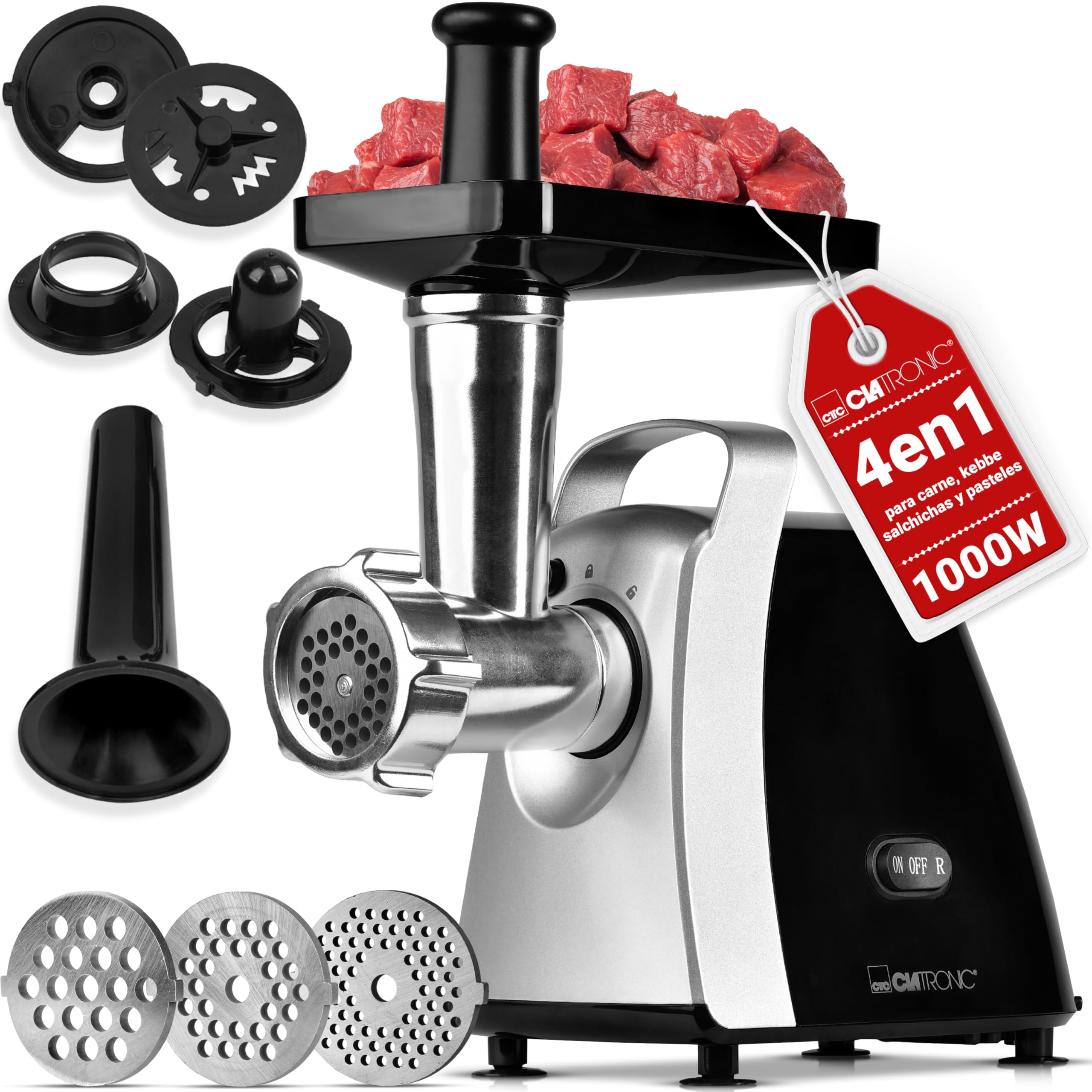 Picadora Clatronic® 1000W | con accesorio para galletas/pastelería | 3 discos metálicos perforados | marcha adelante y marcha atrás | incl. embutidora | cuello metálico y sinfín | FW 3803
