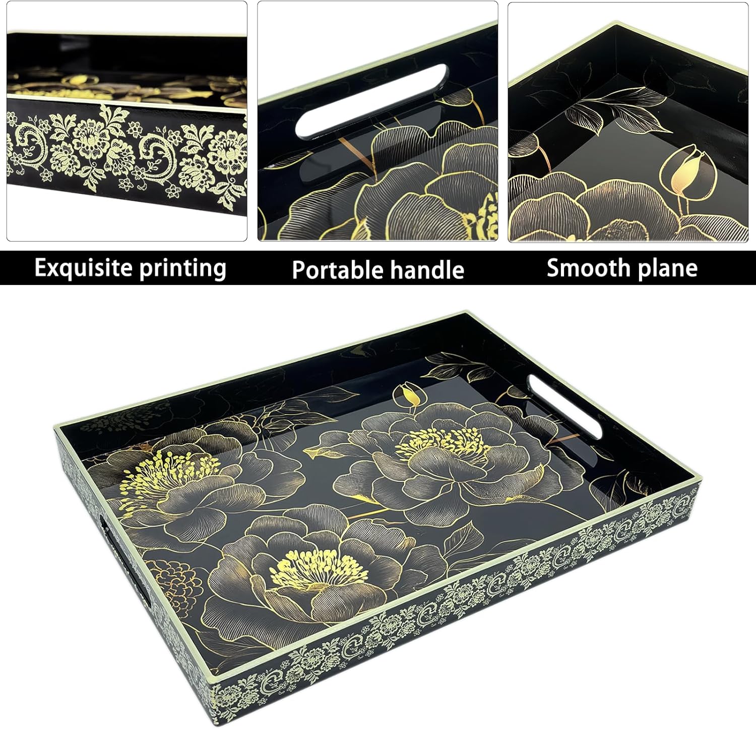 Serving Tray with Handles, 15.7 * 11.8 inches, Plastic Ottoman Tray with Exquisite Paintings, Trays for Coffee Table