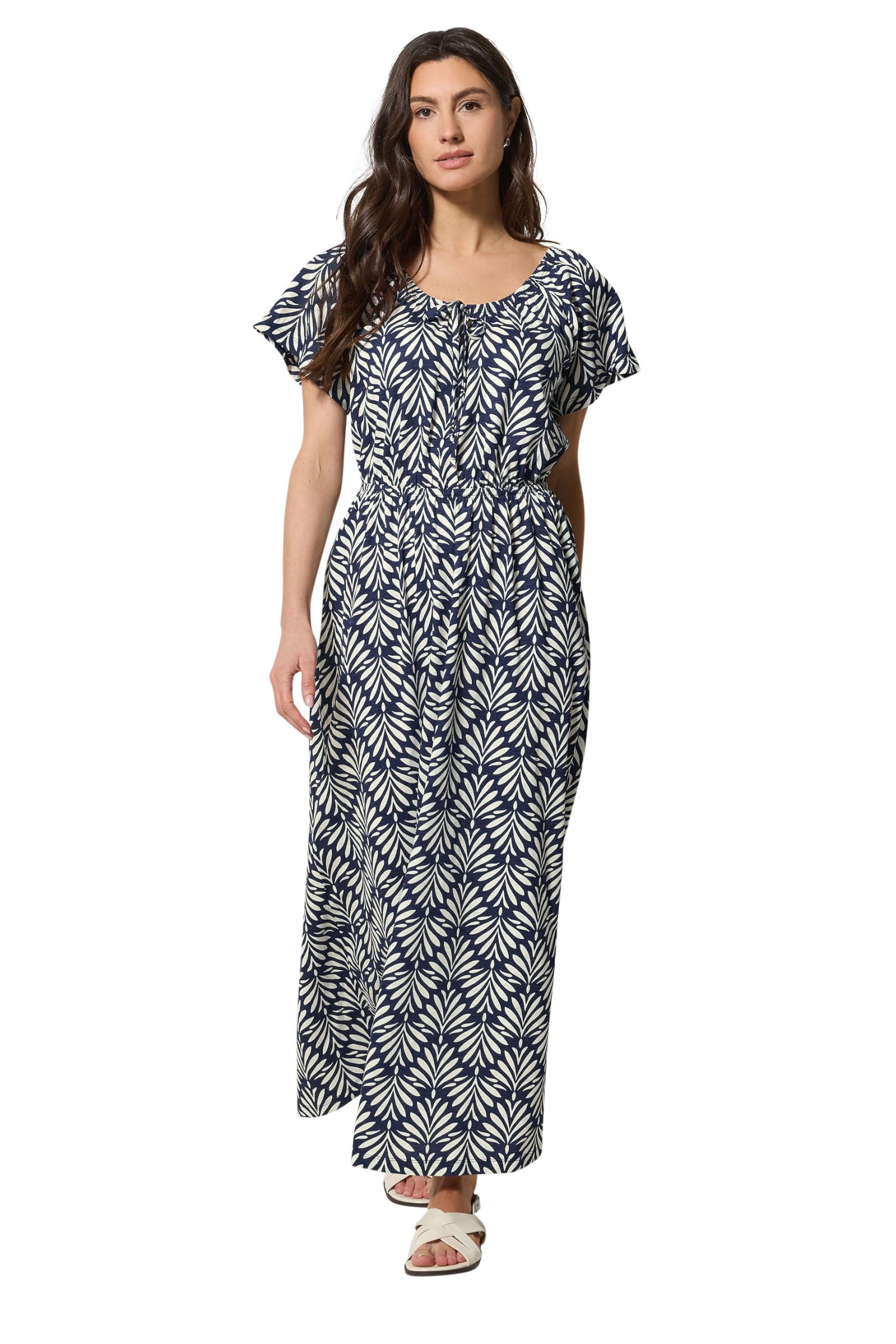 M&Co Women's Mid Navy Leaf Print Tie Neck Cotton Maxi Dress In | Size: 14