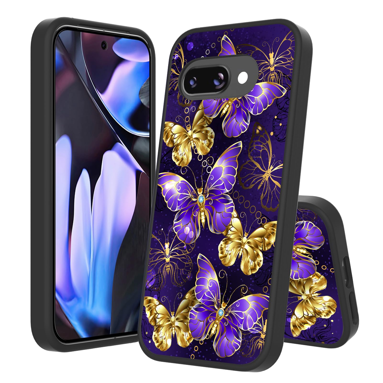 Ryphez Case for Google Pixel 9A, Google Pixel 9A Phone Case, Shockproof Military Grade Drop Protection with Frosted Translucent Back Cover Case forGoogle Pixel 9a (Black with Butterfly)