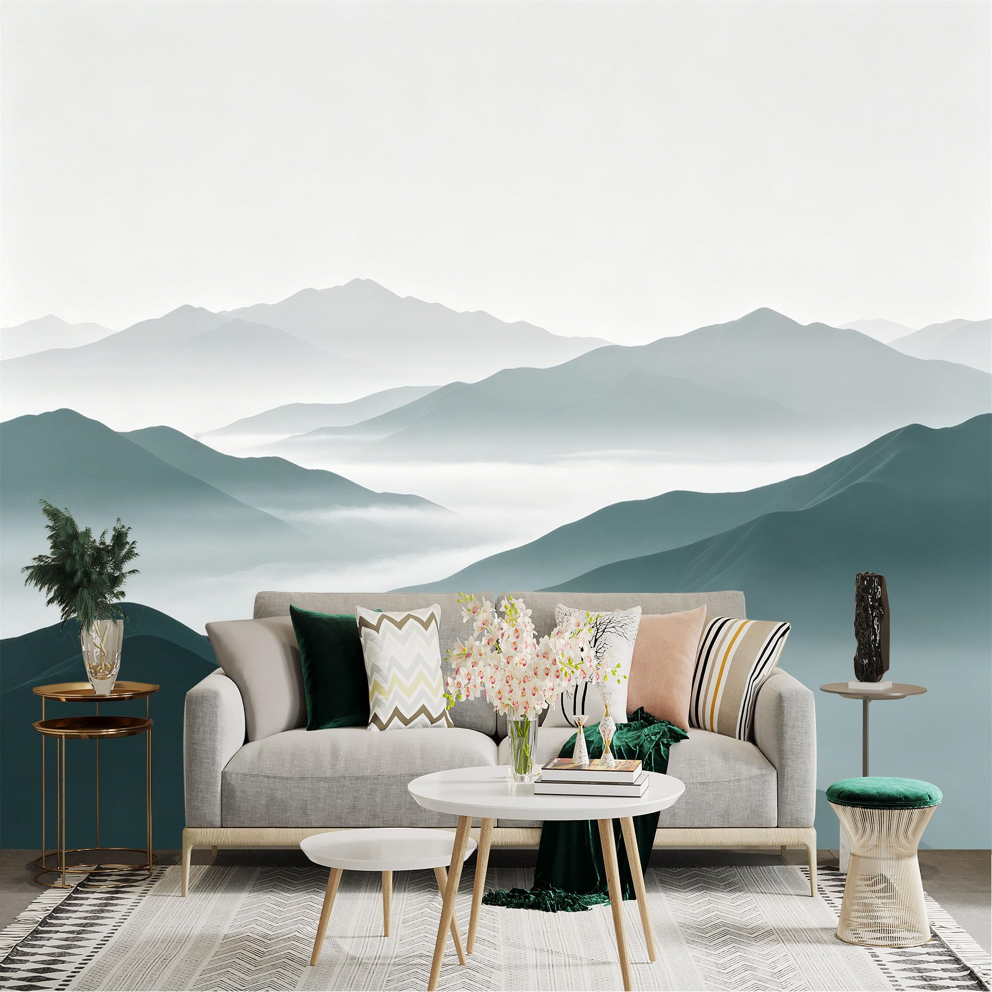Lnzczhyre Dbh260521051 Custom Size Wall Sticker Mural， Abstract Minimalist Mountain Landscape， Misty Hills In Sage Green， Serene Nature Scenery， For Wall Decoration， Peelandstick Wall Decals.