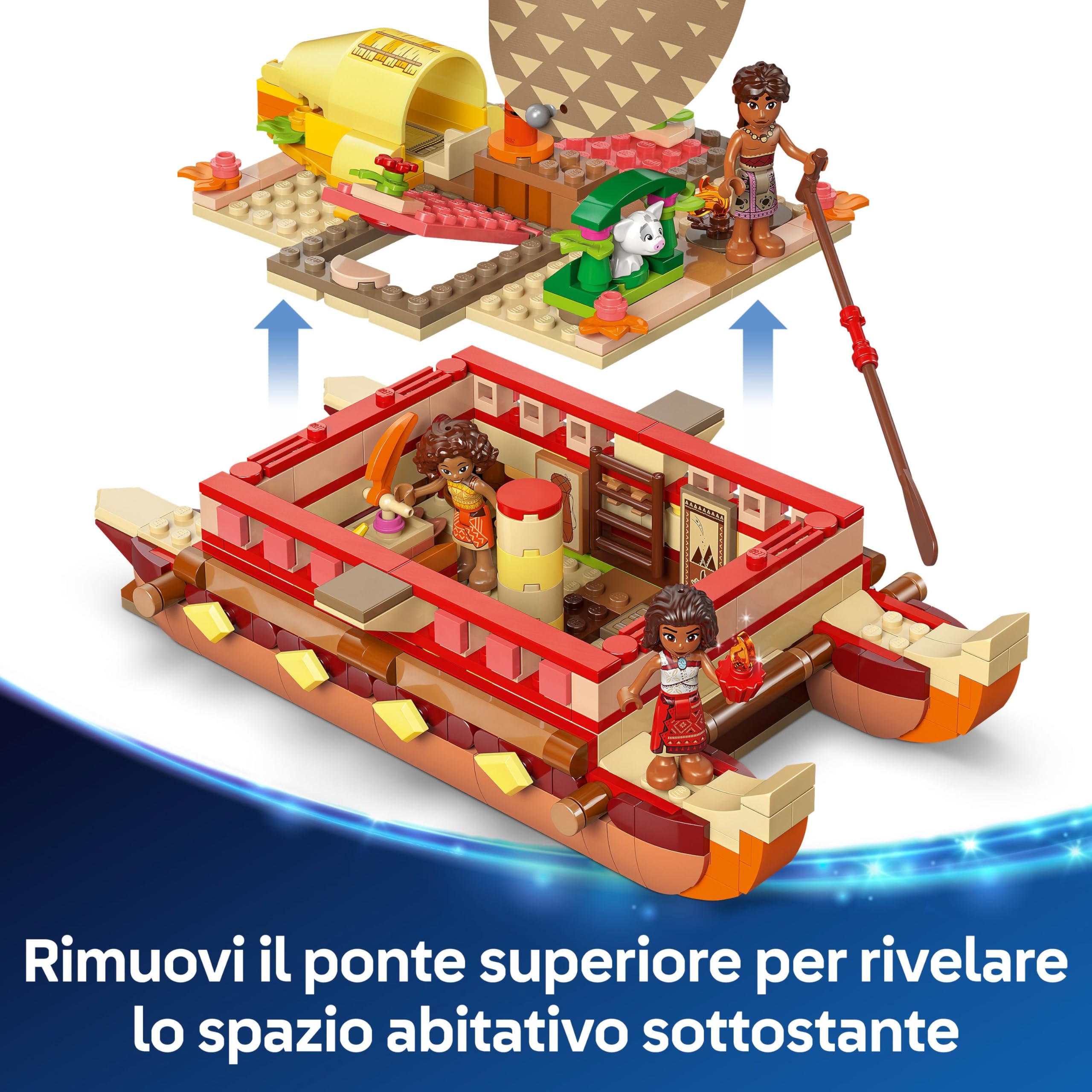 LEGO ǀ Disney Oceania 2 La Canoa di Vaiana - Barca Giocattolo da Costruire con Vela in Tessuto, Ponte Rimovibile, Falò e 3 Mini Bamboline tra cui Loto e Moni, Regalo per Bambine da 6 Anni - 43270