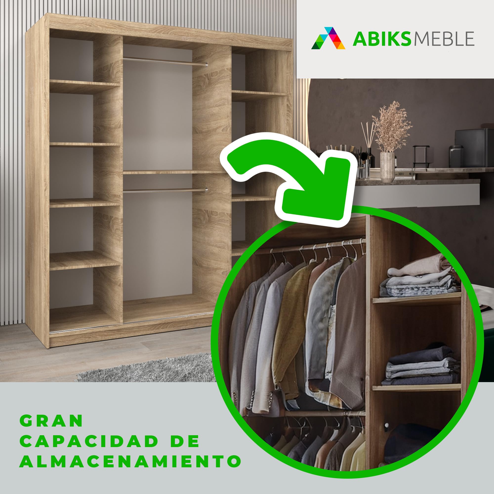 ABIKSMEBLE Verona 2 180 Armario 2 Puertas Correderas para Dormitorio - Armario Moderno con Espejo, Barra y Estantes - 180x200x62 cm (Ancho x Alto x Fondo) - Sonoma + Blanco Mate
