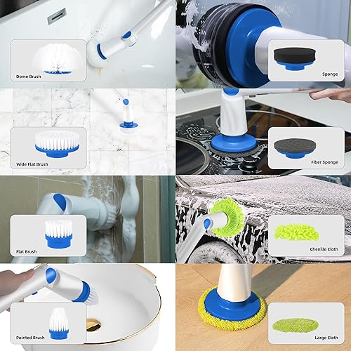 Miniatura 5 de Limpiador eléctrico giratorio, cepillo de limpieza inalámbrico, limpiador de ducha con 8 cabezales de cepillo reemplazables, cepillo de limpieza
