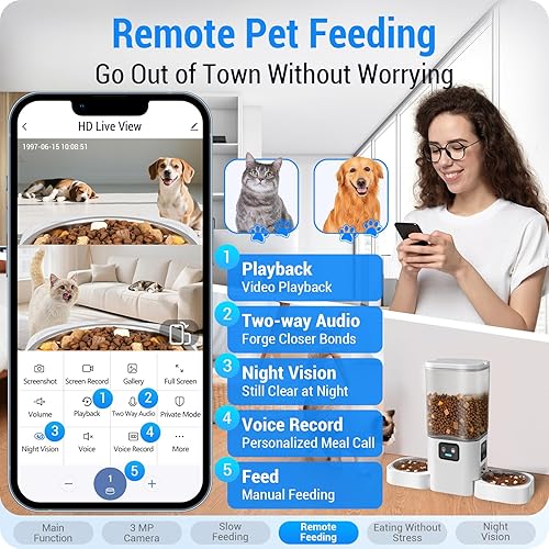 Miniatura 6 de Comedero automático para gatos 5G WiFi con dos cámaras HD alimentador automático para perros de 7 litros con visión nocturna, dispensador automático