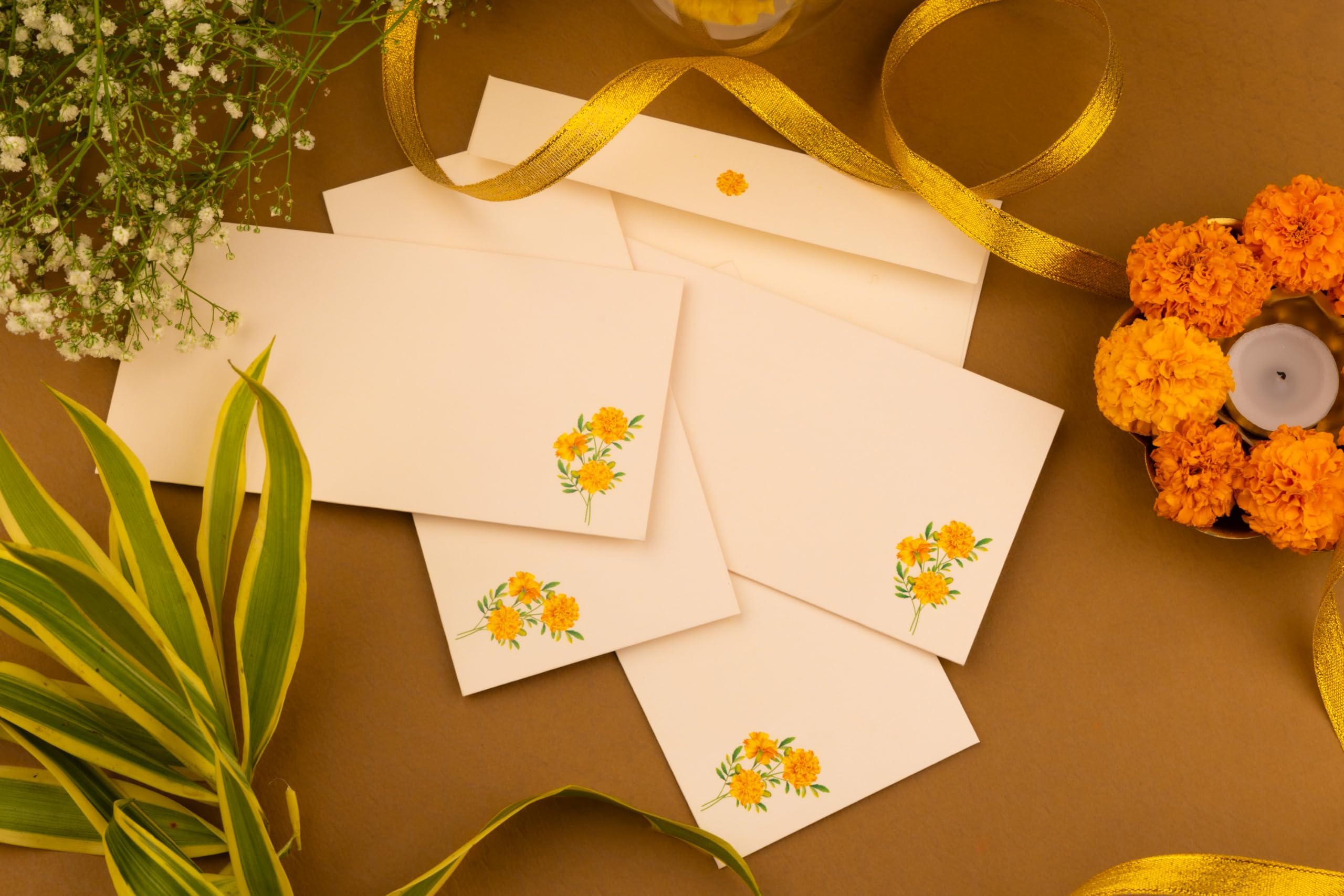 Marigold Print 190 GSM Rectangle Shape Cash Envelopes/Shagun Lifafa For Gifting Money On Wedding, BabyShower, Diwali, Christmas With Gold sticker seals - 7.50 x 3.50 Inches, Pack of 5-image-27