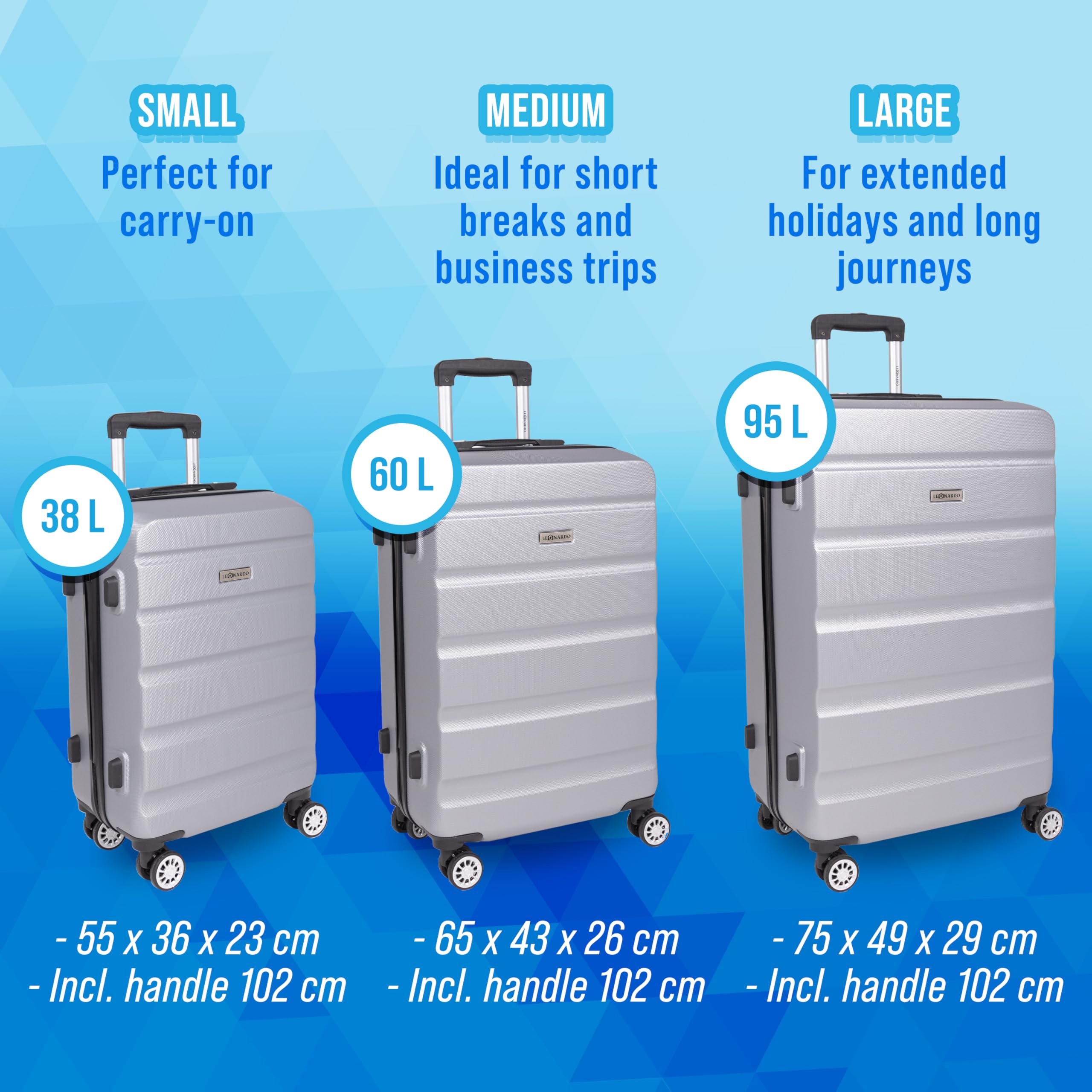 Leonardo® Set de 3 Valises avec Serrure TSA | Valise Cabine de Voyage | Bagage Moyenne | Grande Taille | avec 4 Roues Doubles | Hard Case | S-M-L Set | Venice | Argent