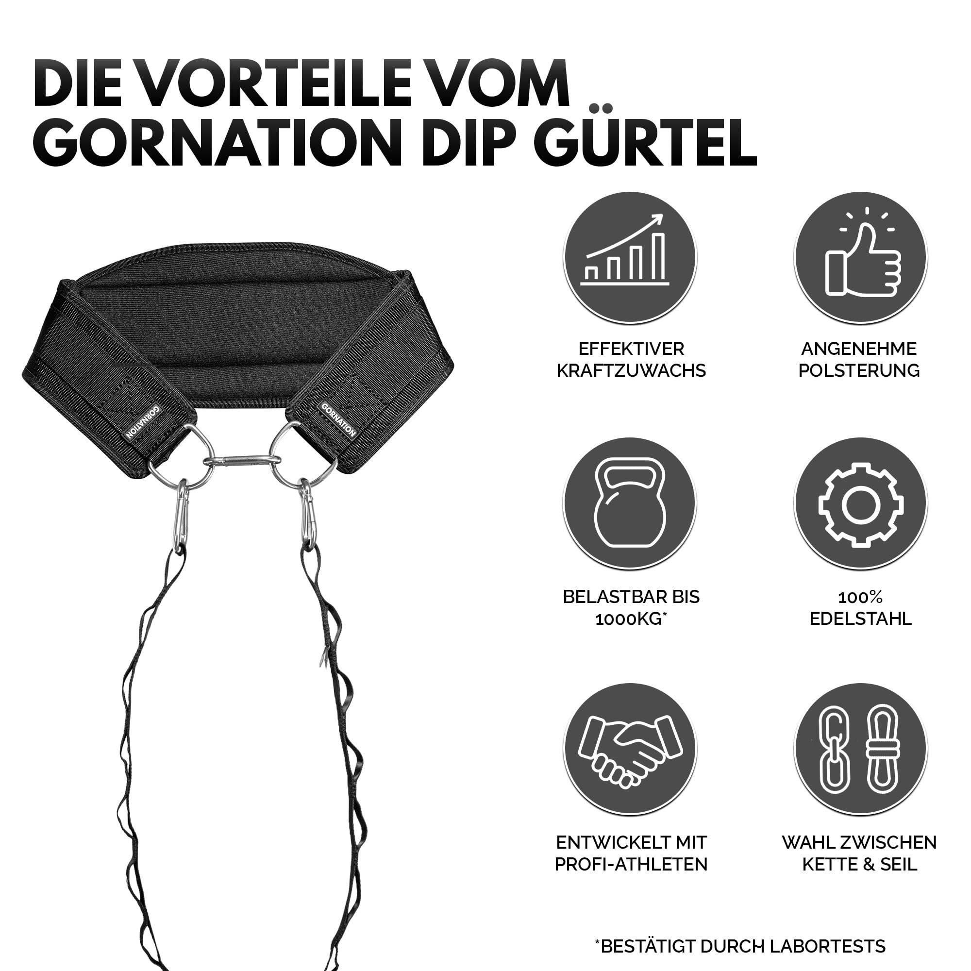 GORNATION Dip Gürtel, Dip Belt mit Kette oder Seil, für Dips & Krafttraining, Trainingsgürtel mit Chain oder Rope für Calisthenics & Bodybuilding, Gewichthebergürtel bis 1000 kg, Weight lifter Belt