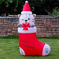 Vista 4 de Juegoal - Inflables de Navidad de 1.5 m, decoraciones inflables para exteriores, gatito inflable en calcetin de Navidad, gato iluminado inflable