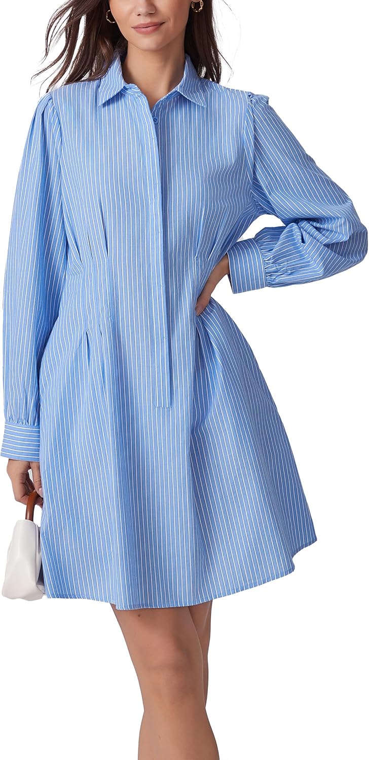 D-Sun Women Pleated Shirt Dress Casual Button Down Long Sleeve Striped V Neck Collared Mini Dress with Pockets