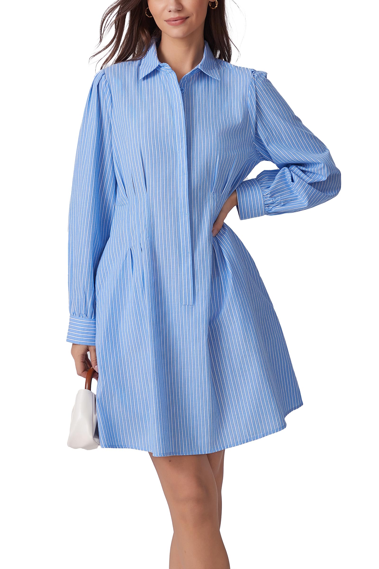 D-Sun Women Pleated Shirt Dress Casual Button Down Long Sleeve Striped V Neck Collared Mini Dress with Pockets
