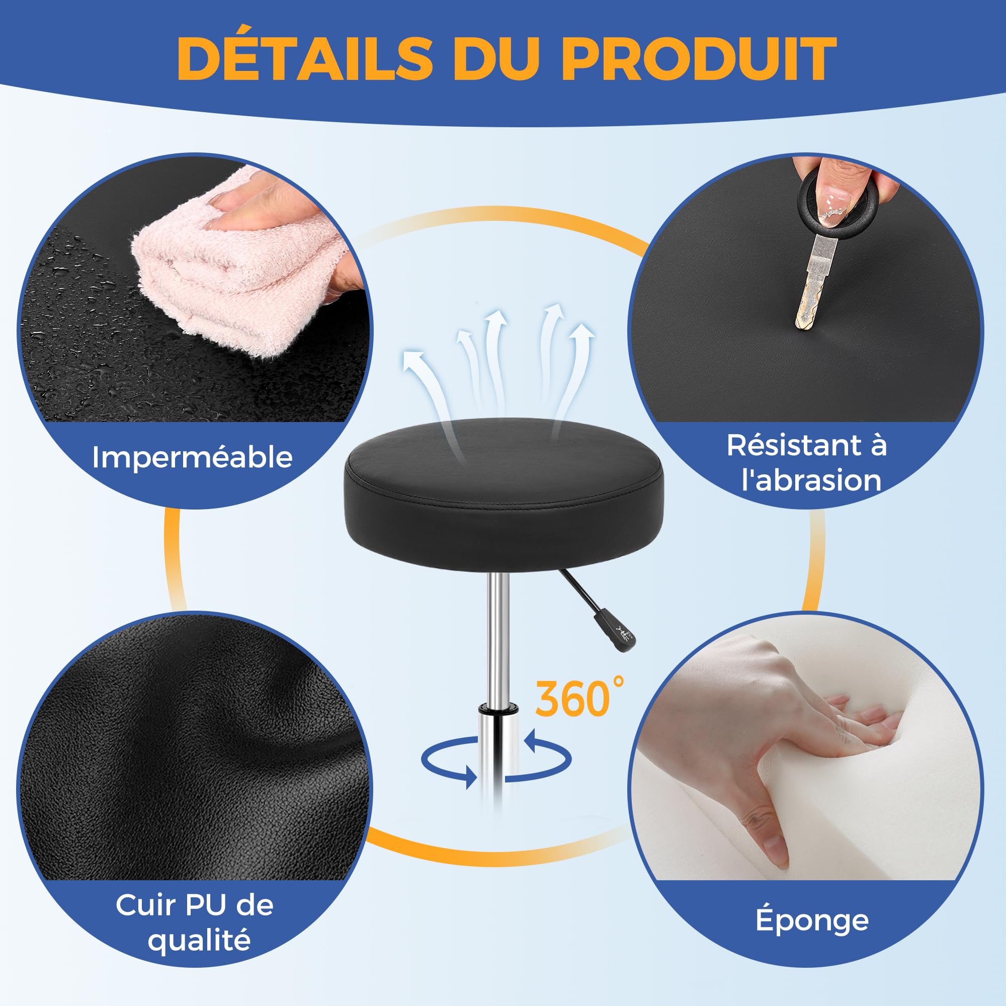 ANWBROAD Tabouret roulettes Réglable en Hauteur Tabouret Bureau pivotant 360 Capacité de Charge jusqu'à 205kg pour Salon, Salon de Beauté, Spas et Bureaux Noir WSC001B