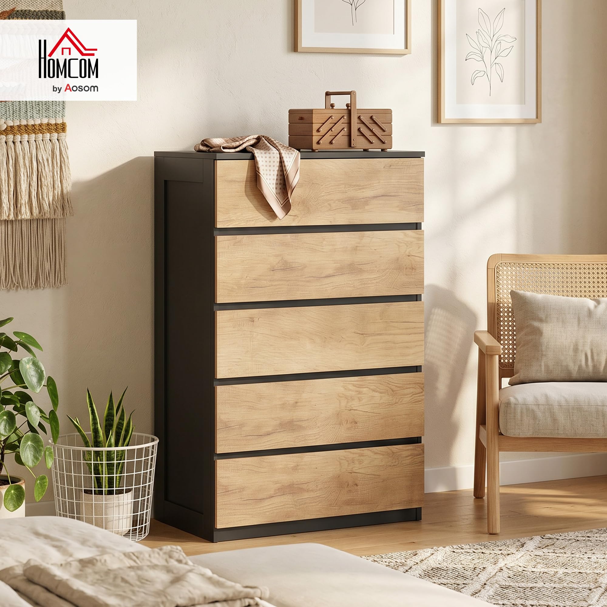 HOMCOM Cajonera dormitorio 5 cajones cómoda 60 x 39 x 100 cm negro roble | Cómoda de madera para dormitorio, sala de estar, comedor, pasillo