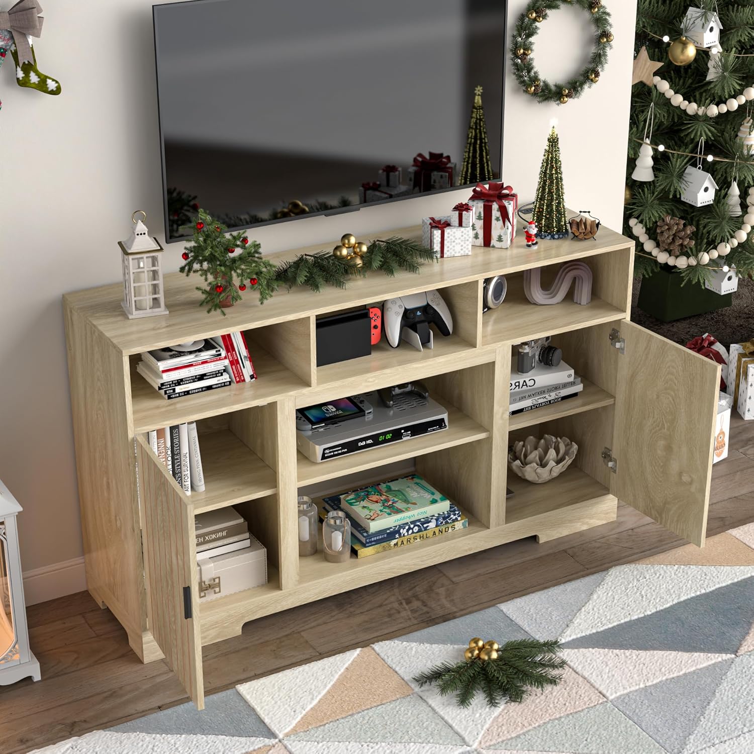 Farmhouse TV Stand for 65 Inch TV, Tall TV Stand with Storage Fluted Entertainment Center TV Console Table with Power Outlet Media Cabinet Television Stand for Living Room, Wood