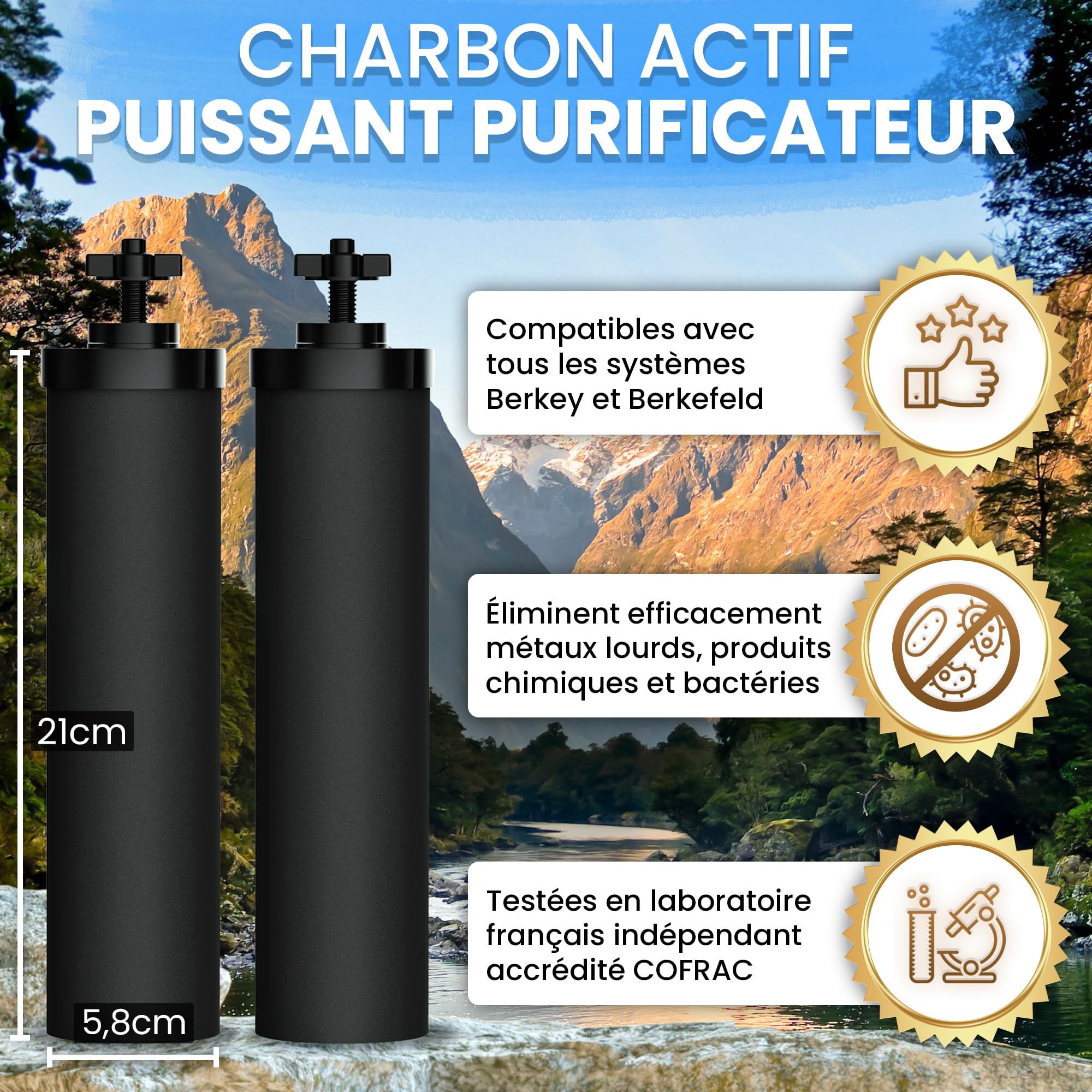 Cartouches Filtrantes x4 pour Filtre à Eau par Gravité – Compatible avec Filtre Berkey et Berkefeld – Cartouche pour Filtre à Eau Haute Performance – Purification Efficace de l'Eau – Certifiées NSF