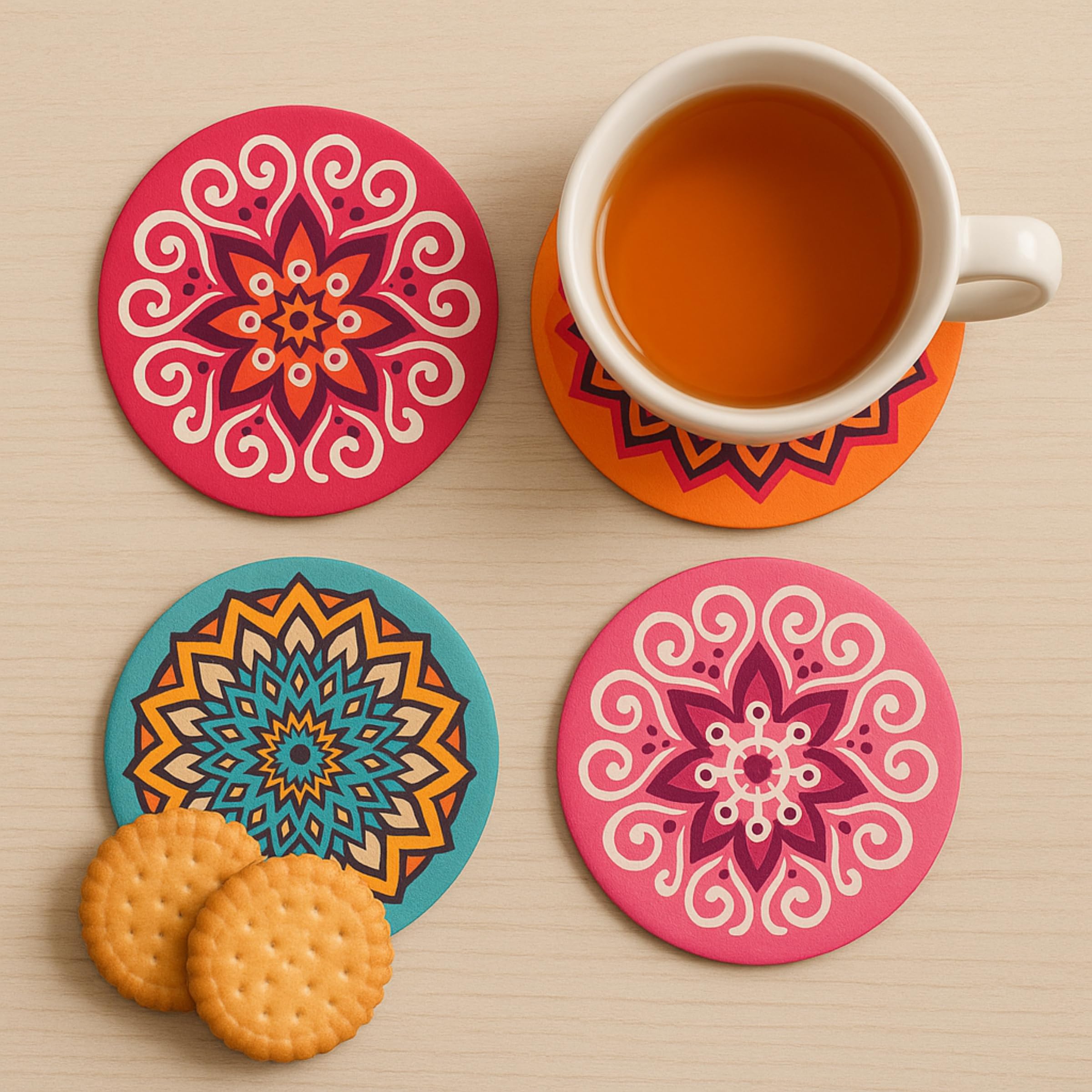 Coaster Set of 6 Fine Mandala Art Wooden Coasters Set Fit for Tea Cups, Coffee Mugs and Glasses (3.5 X 3.5 Inch, Fine Mandala Design) Rangoli-image-37