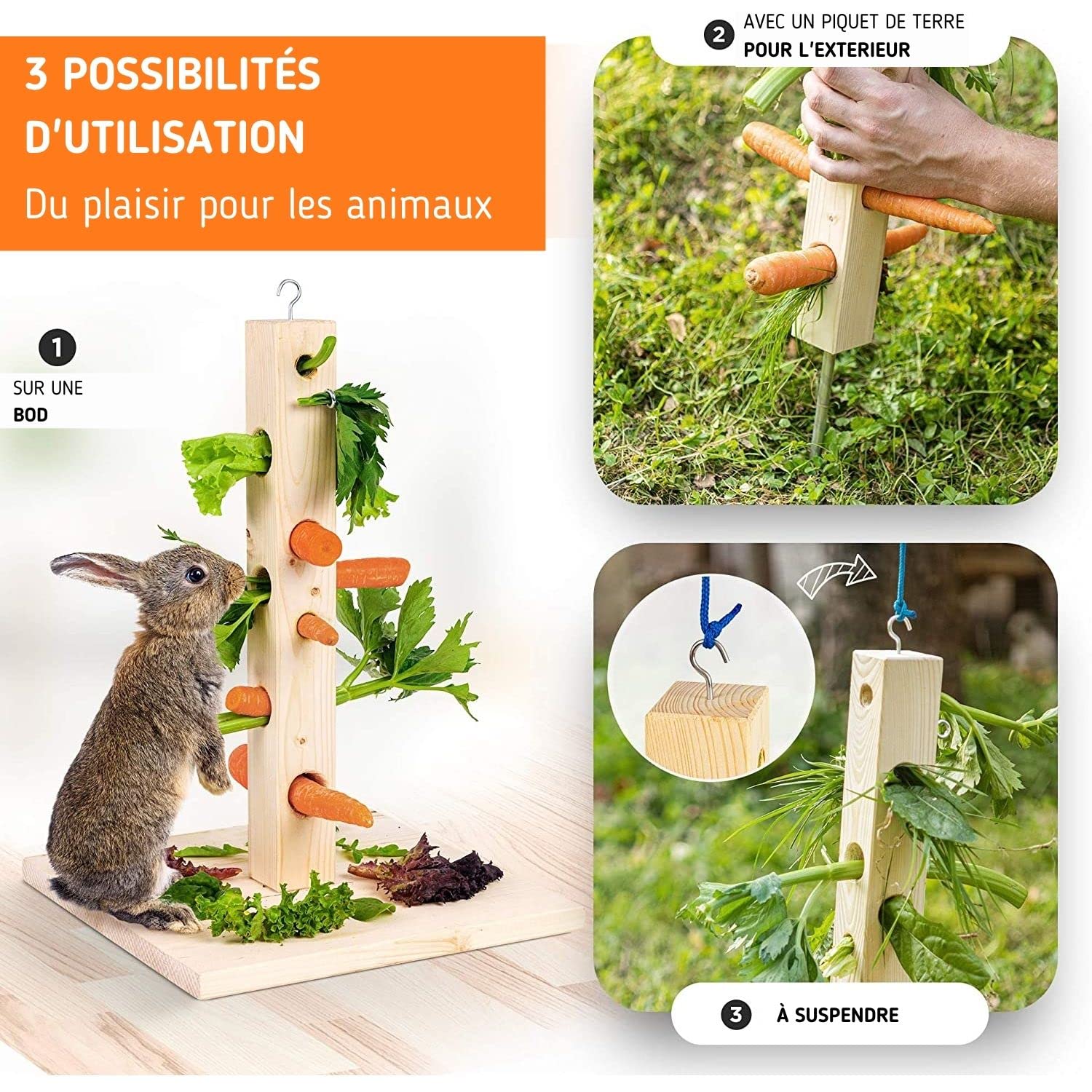 Arbre pour lapin fait main à garnir de nourriture fraîche - à poser, suspendre et empaler dans la terre - Jouet et accessoire lapin, cochon d'Inde