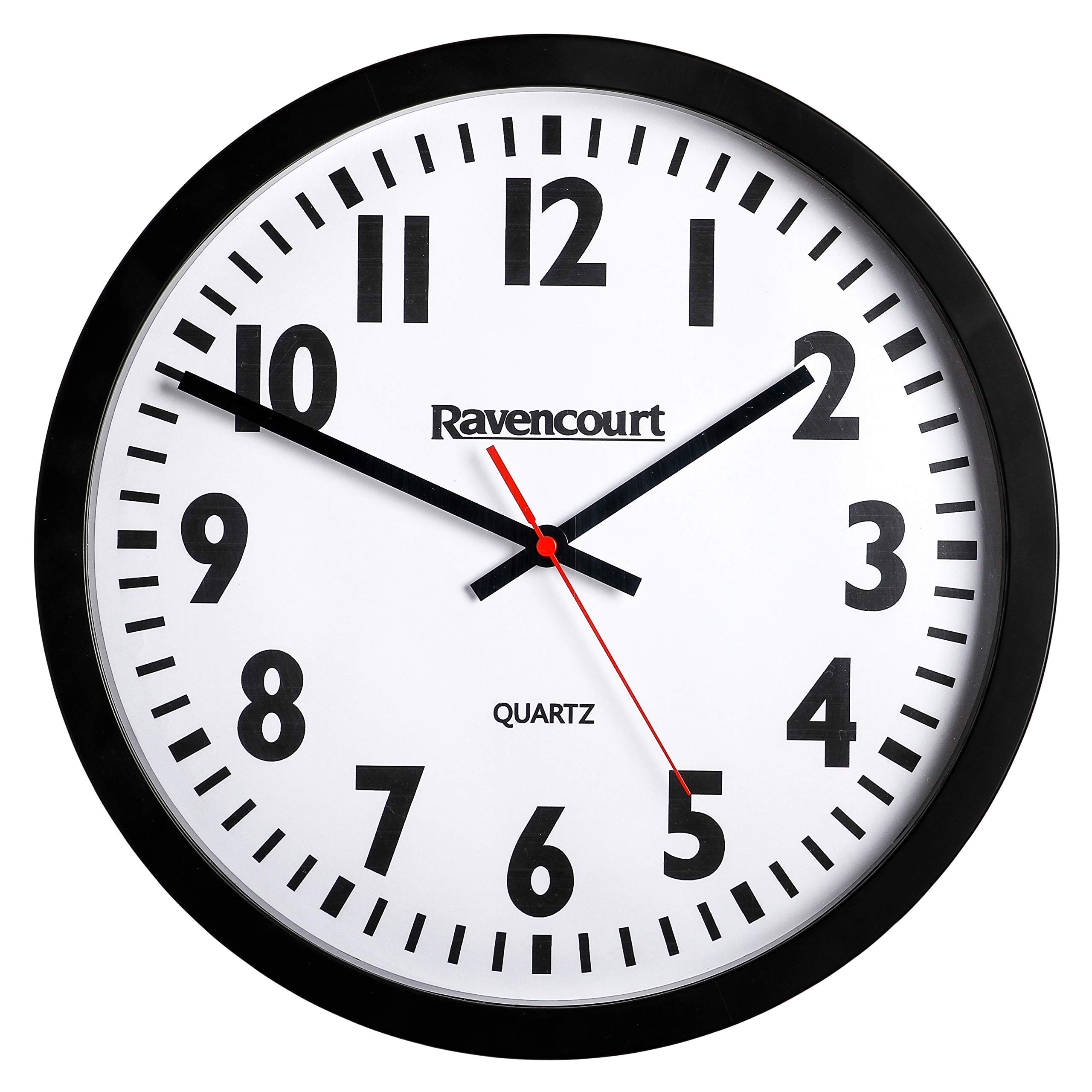 Ravencourt Black Quartz Analogue Clock ¦ For Schools, Hospitals, Offices And Homes ¦ High Contrast Numbers ¦ Battery Powered ¦ Rim With White Face ¦ Medium Large - 35Cm Face