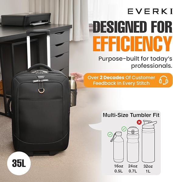 EVERKI Wheeled 420 Laptop Trolley Bag with Laptop Compartment, Black - 35L