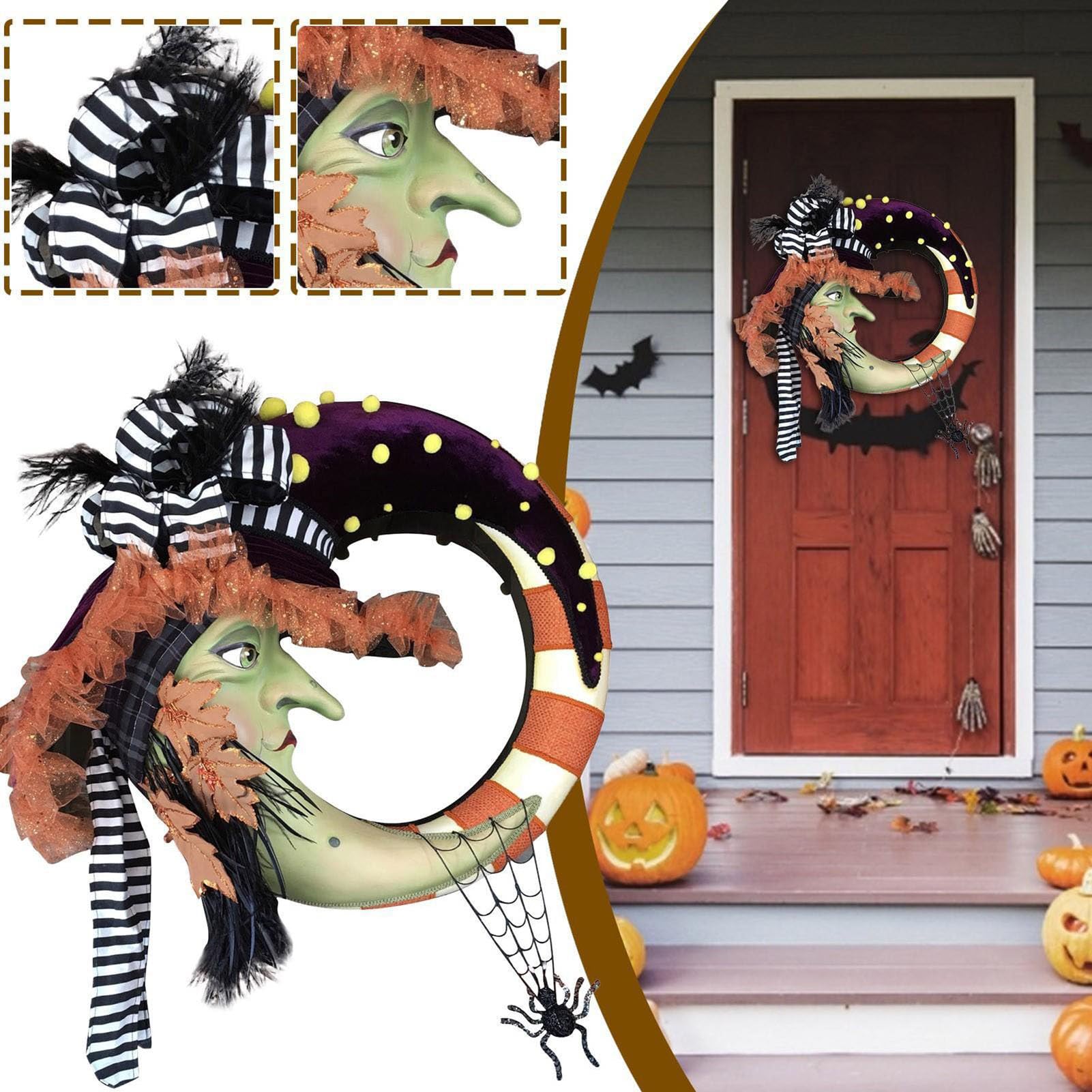 Wiszący Wieniec Drzwiowy Halloween z Figurą Wiedźmy na Przedni Ganku