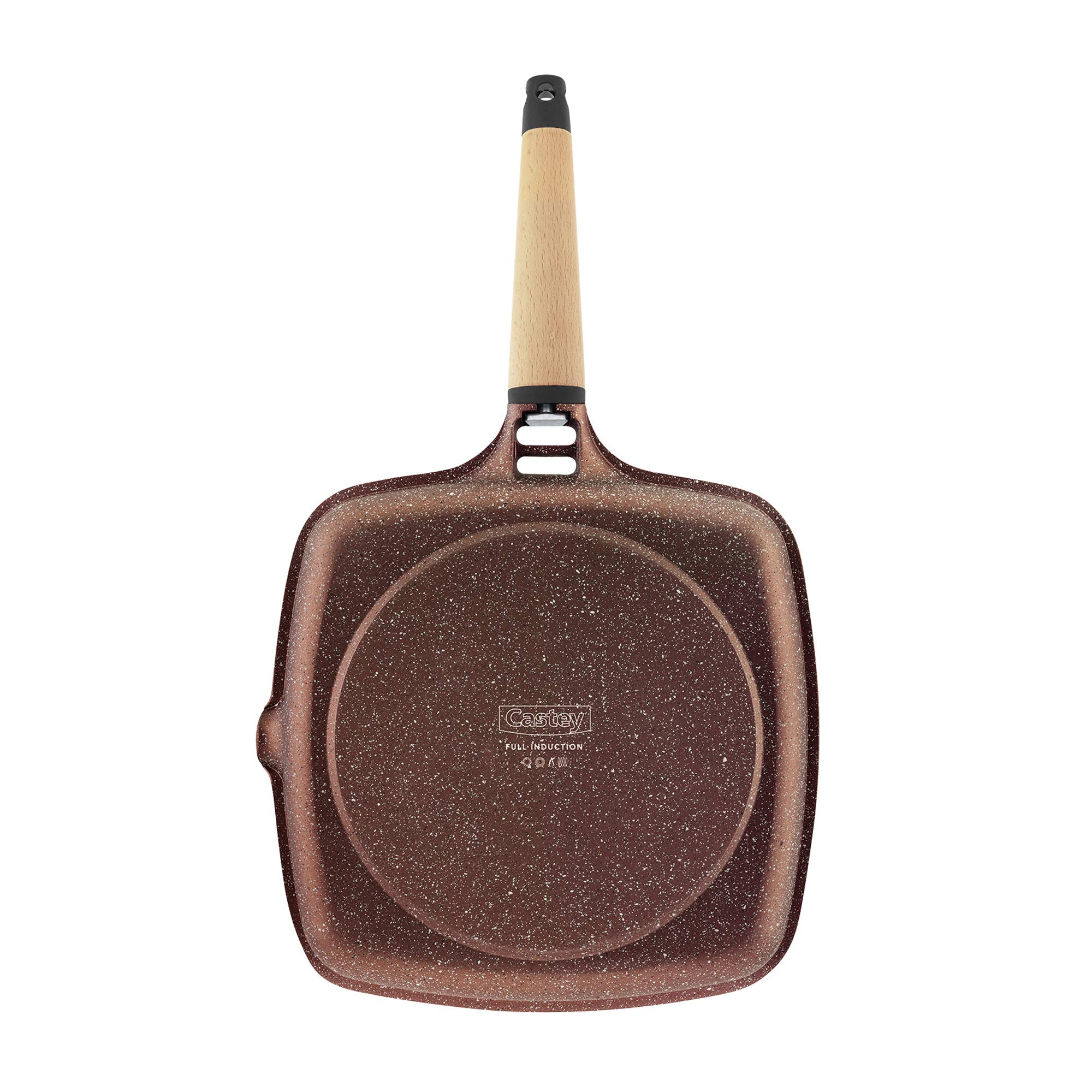 CASTEY - Grill Asador de Inducción Castey, Modelo YG27, Color Terracota, Tamaño 27 cm, Mango de Madera de Cedro, Revestimiento Antiadherente, sin PFOA, Base Full Induction, Apta para Todas las Cocinas