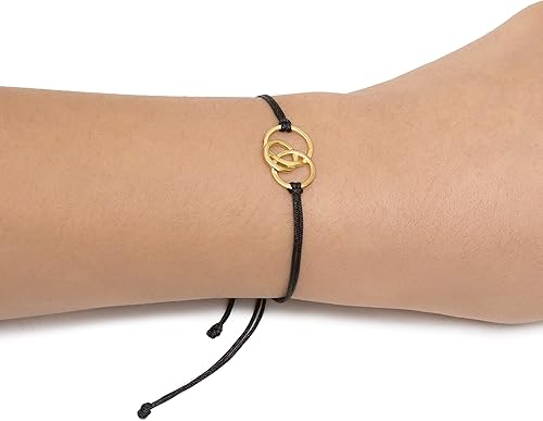 Miniatura 4 de Gold Triple Open Circles Link Charm Friendship Bracelets with Black Thread and Message Card, Perfect Jewelry Gift for Friend and Family, Adjustable