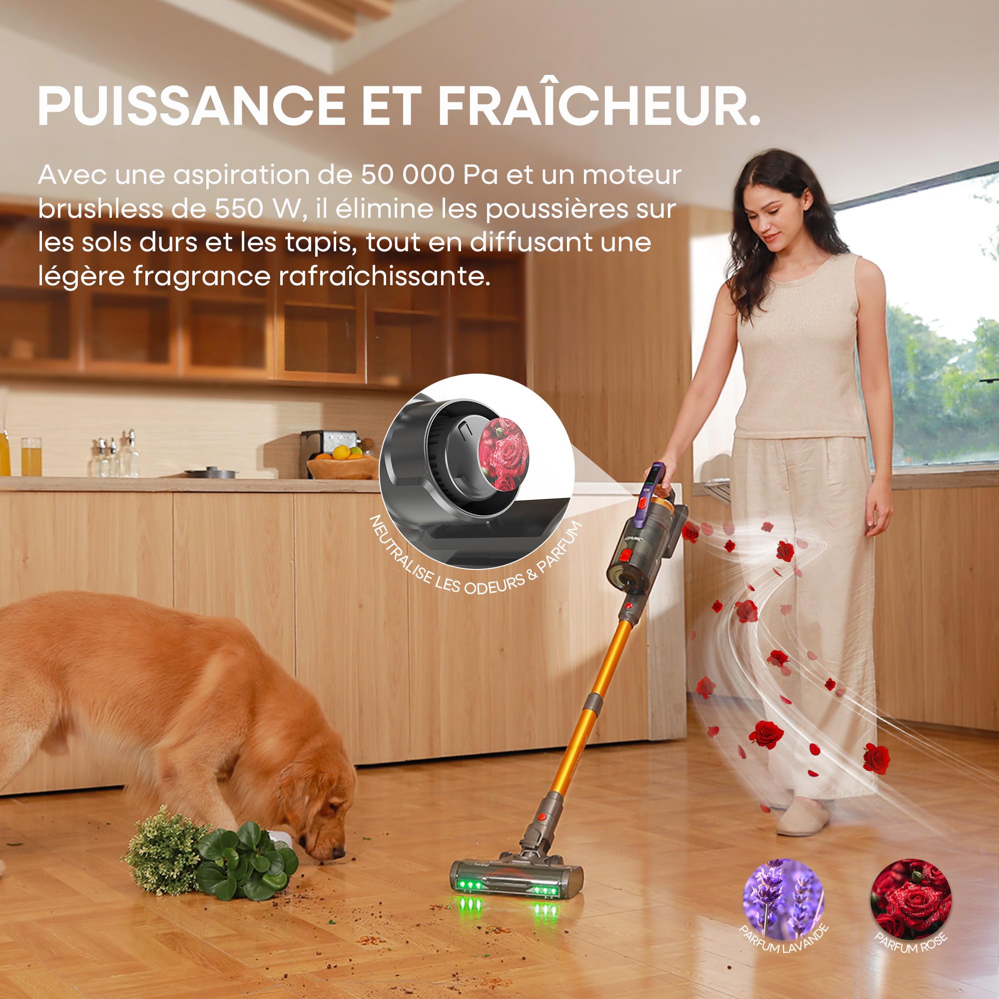 KIPMAX Aspirateur Balai sans Fil, pour Sols Durs, Tapis, Animaux et Voiture, 550W/50KPa/70Mins Aspirateur sans Fil Puissant, avec Base de Chargement et de Rangement, Parfumé, Brosse Anti-Enmêlement